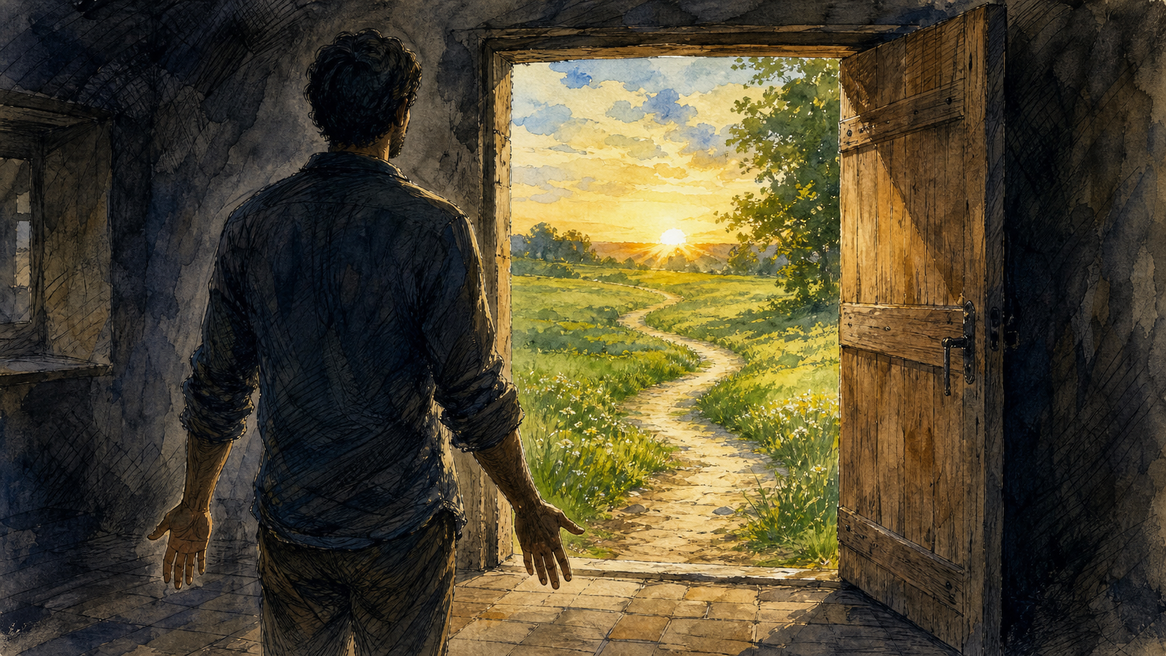 An anonymous man stands with open hands inside a shadowed room as a heavy door opens onto a winding path in warm morning light.