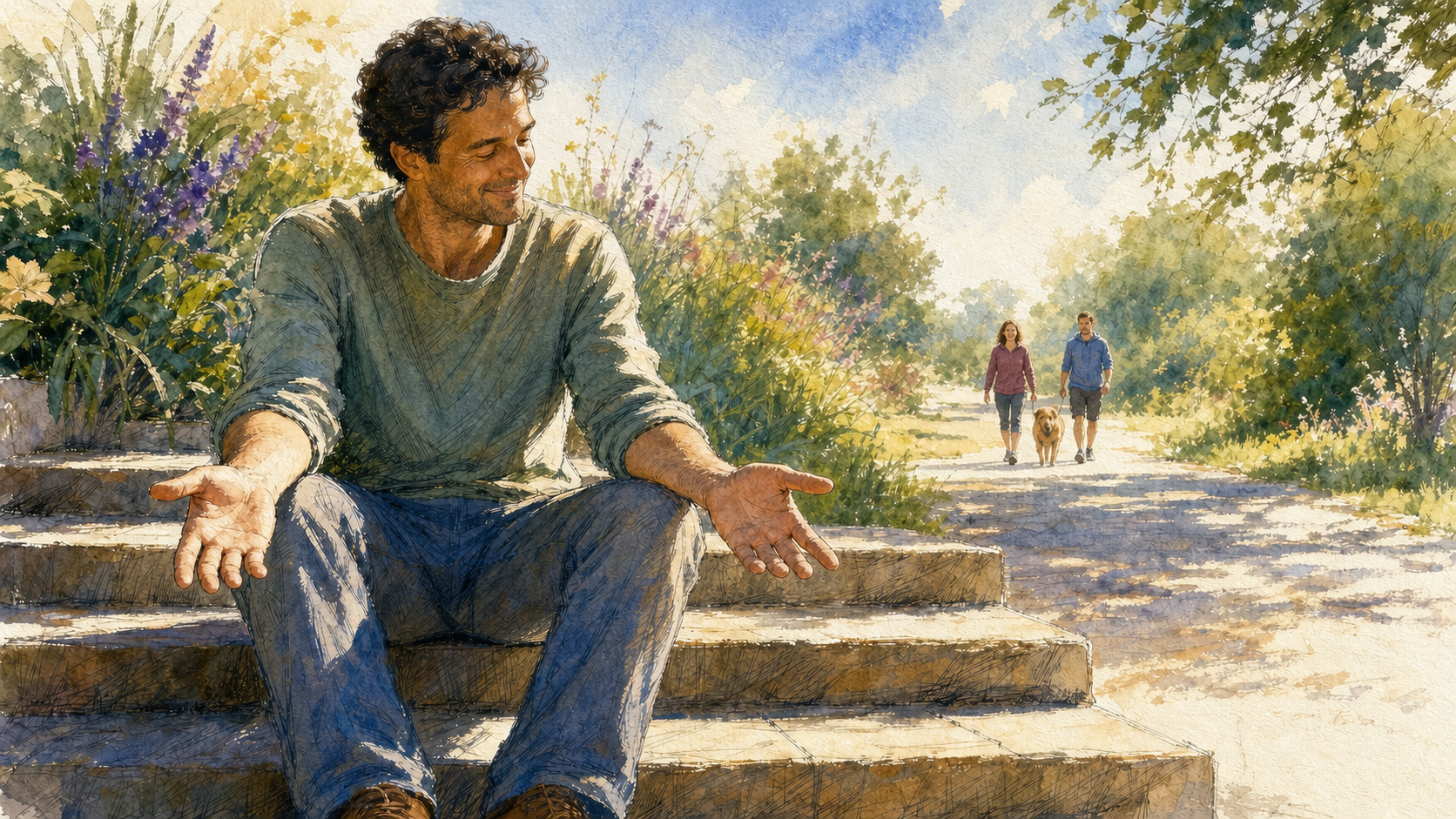 An anonymous smiling man sits with open hands on front steps in morning sunshine while two walkers and a dog approach along a distant path.