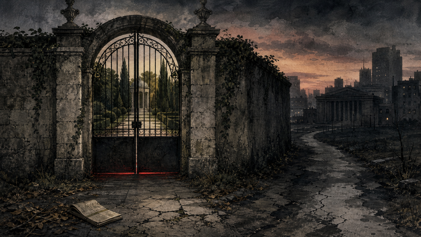 Editorial illustration of a closed garden gate, a narrow path, and a modern civic city beyond the wall.