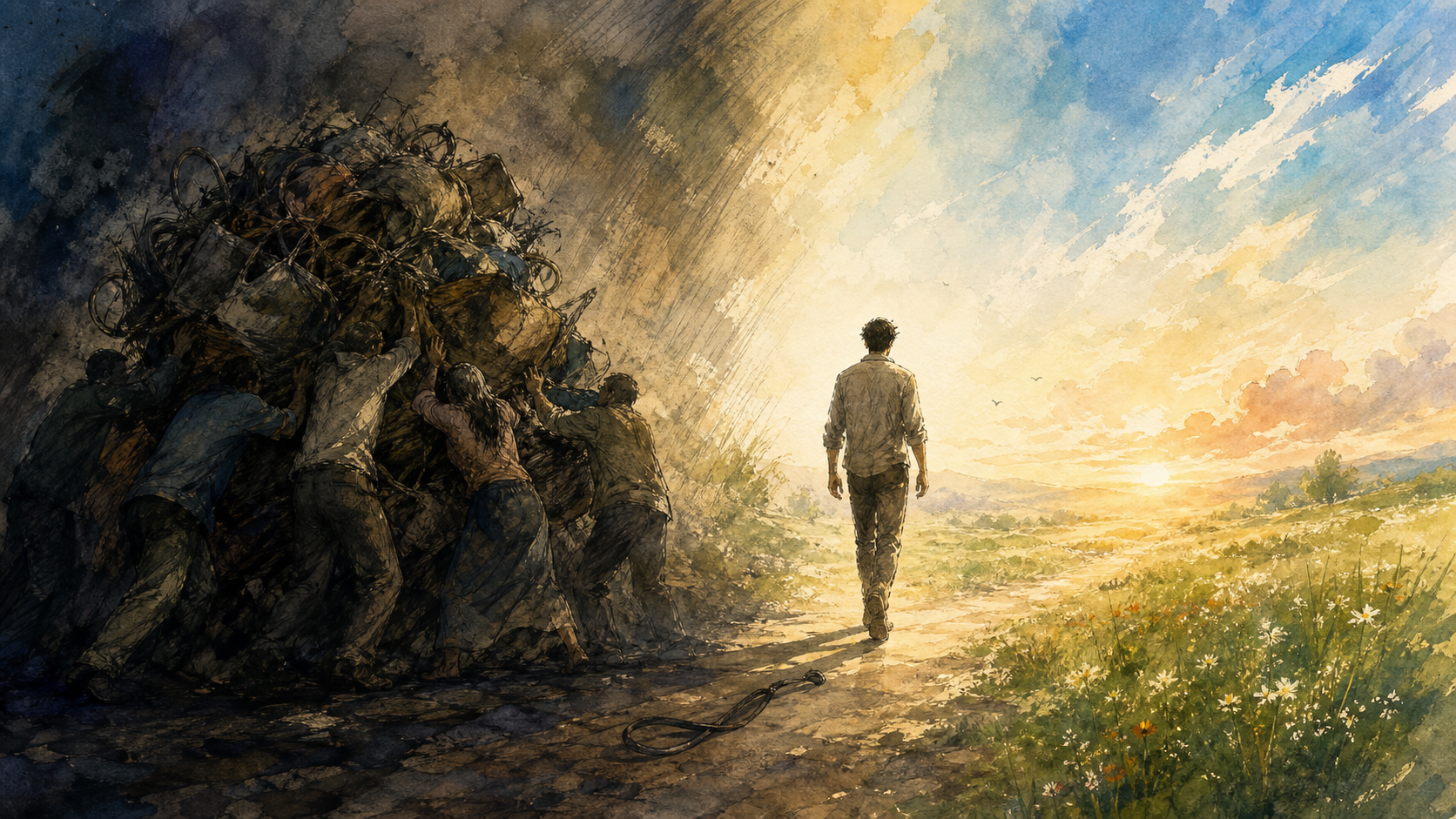 An anonymous man walks from a small shadowed crowd struggling against a tangled heap of indistinct burdens toward a sunlit field.