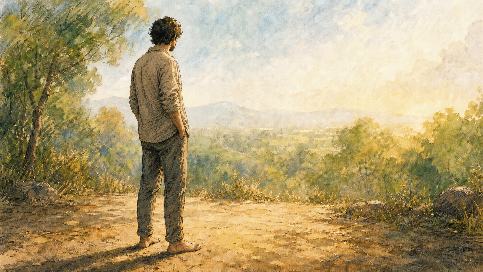 An anonymous barefoot man stands confidently alone in warm morning light with both feet planted and his hands resting in his trouser pockets.
