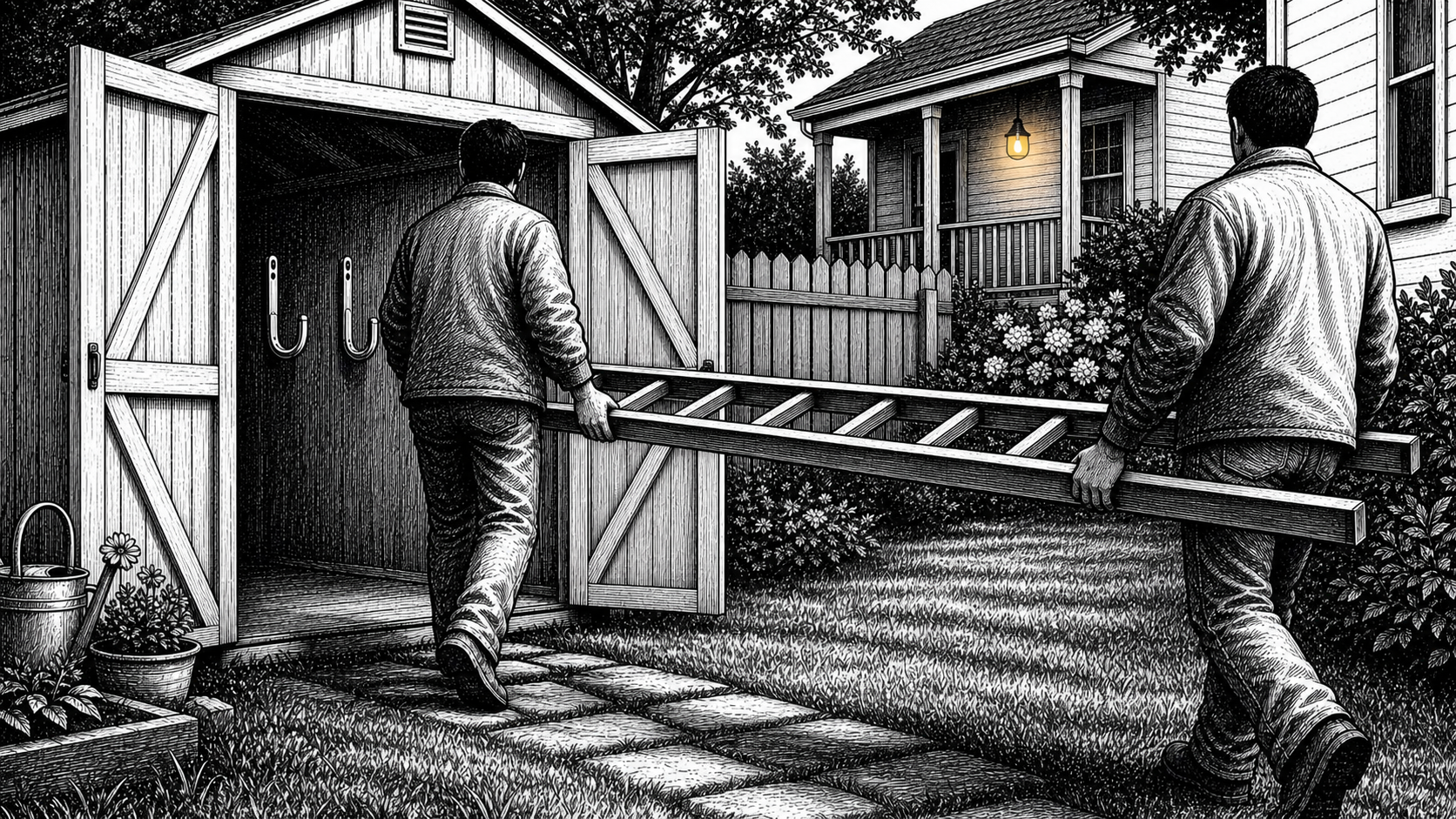 Editorial cartoon showing two anonymous neighbors carrying a ladder toward empty hooks inside an open backyard shed while a porch bulb glows in the distance.