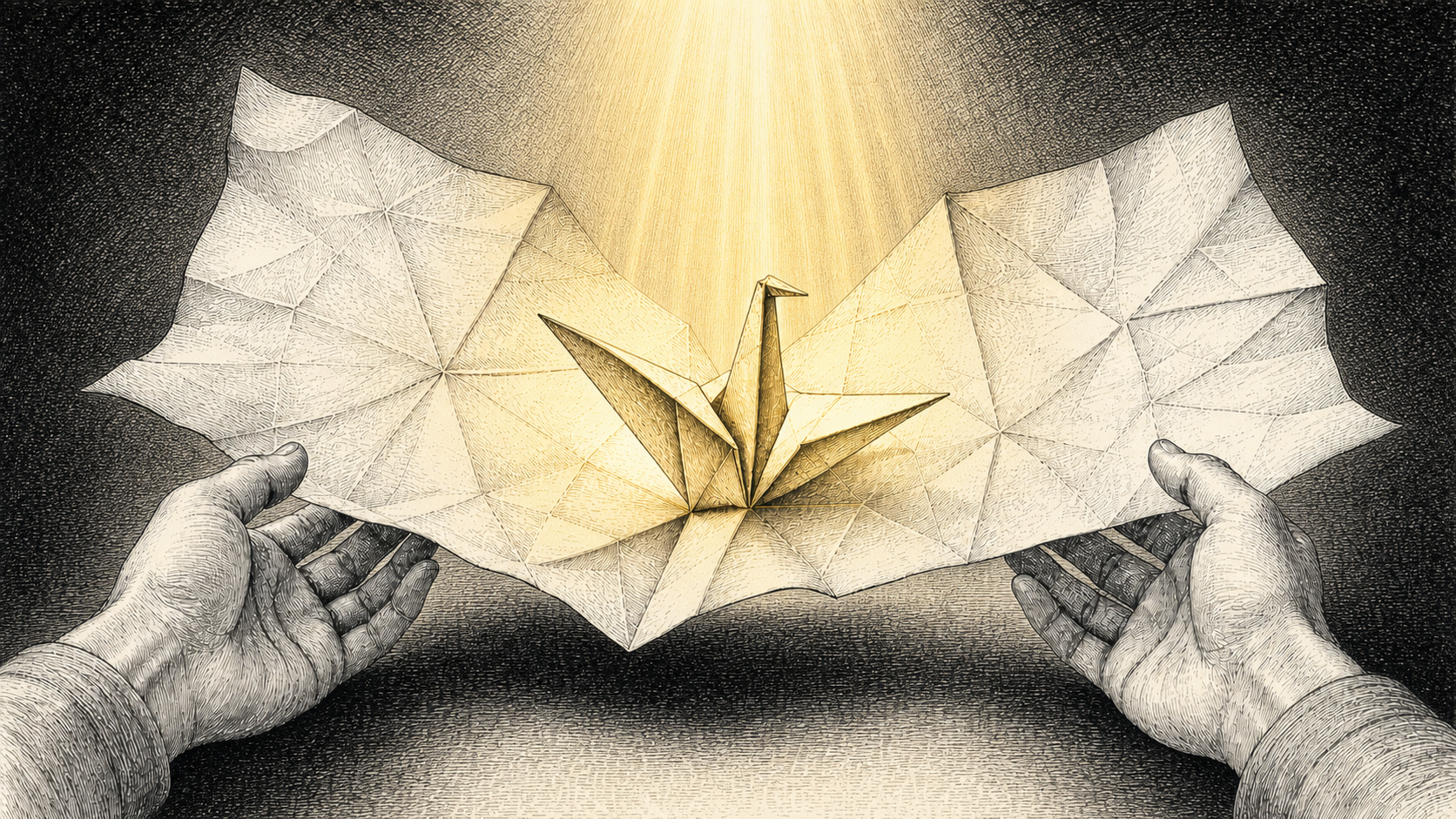 Two relaxed hands unfold a paper bird into a broad creased sheet against a dark crosshatched backdrop as a warm golden beam from beyond the top of the frame illuminates the origami.