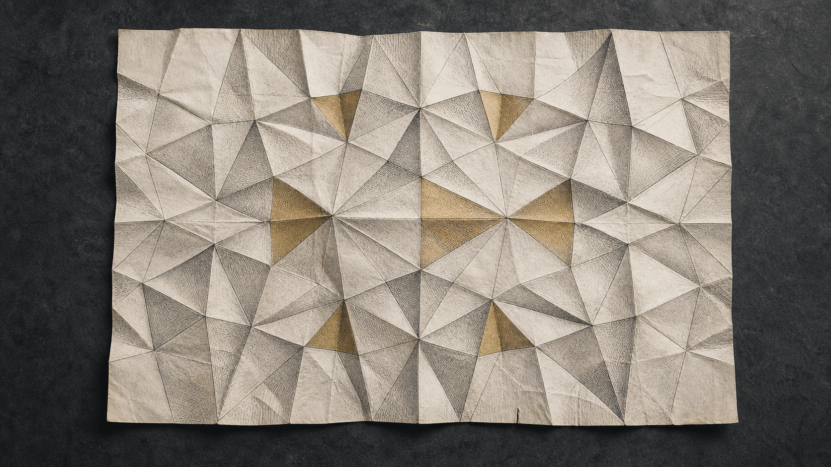 An overhead view of one unfolded sheet marked by intersecting creases and muted-gold facets against a dark floor.