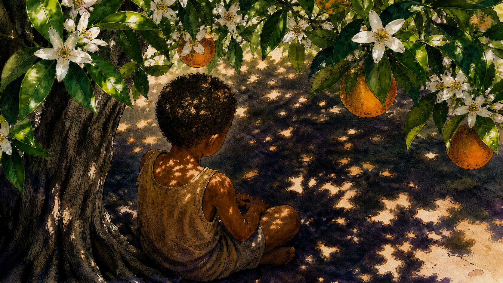 An anonymous child sits beneath a flowering citrus tree as dappled natural sunlight falls across the child's curls and shoulders.