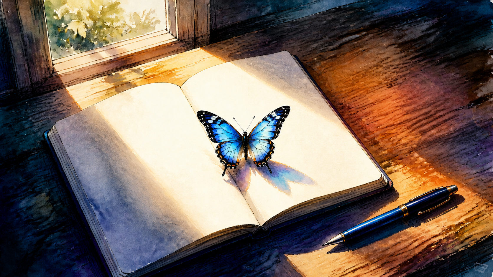 A blue butterfly rests on a blank open notebook beside a pen in bright window sunlight.