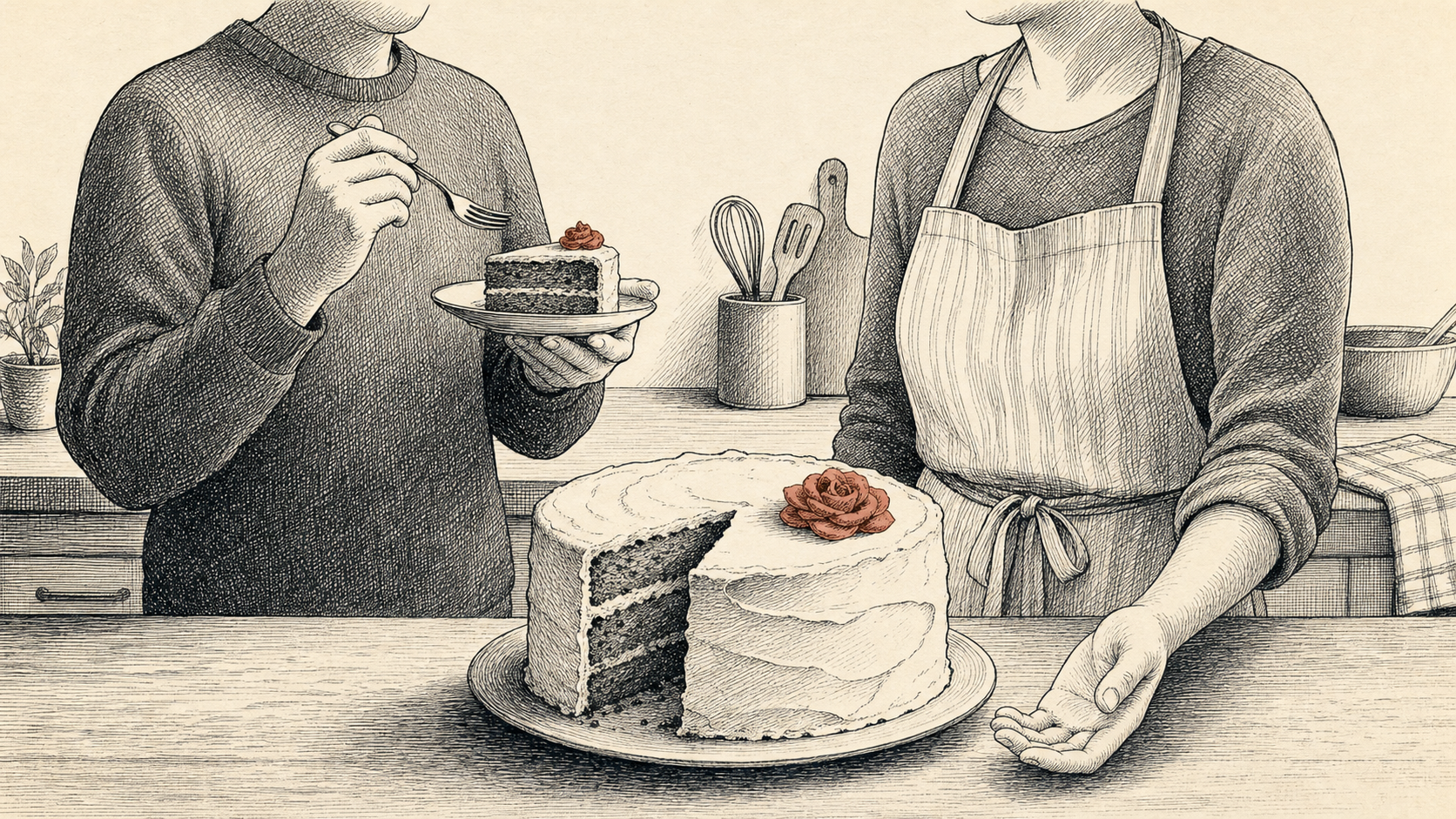 At a kitchen counter, one adult holds a fork above a slice while the baker rests an open hand beside a lopsided cake with rust-colored frosting flowers.
