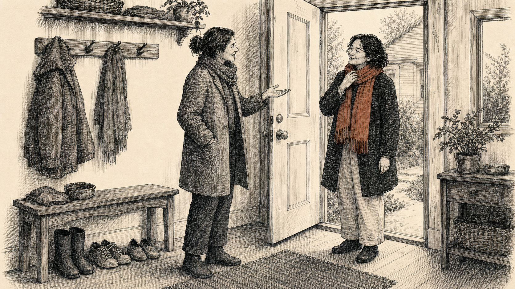At a front doorway, one friend warmly notices another person’s amber scarf while the wearer smiles and leaves both hands relaxed.