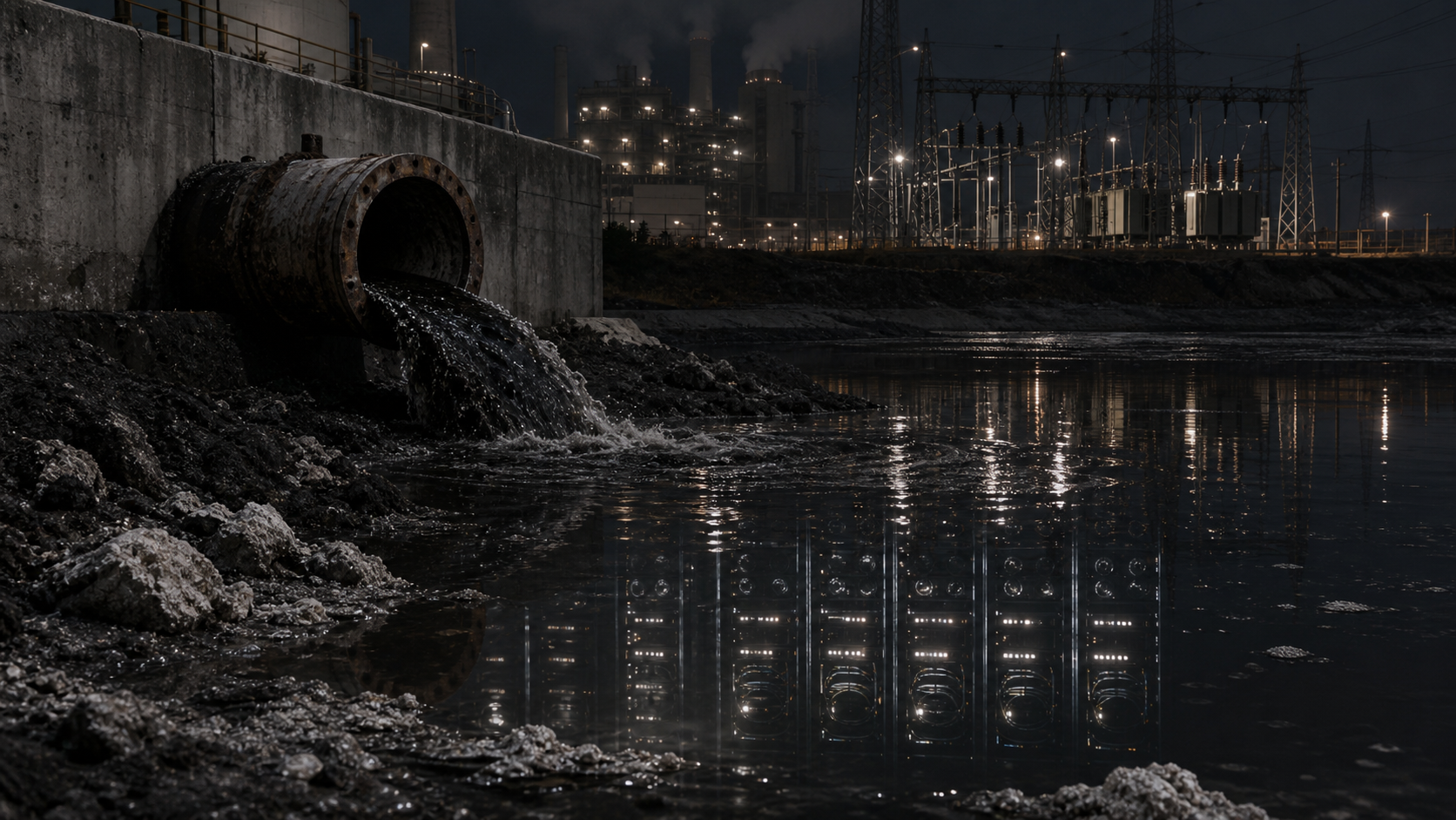 Editorial illustration of a wastewater pipe at a coal plant with server lights reflected in dark water.