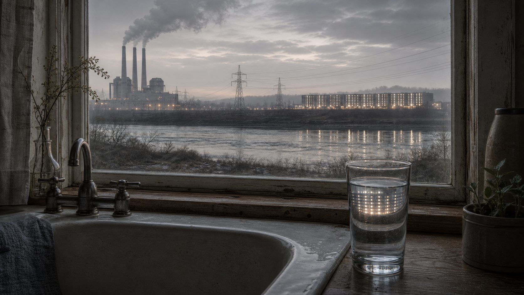 Editorial illustration of a kitchen sink and riverbank downstream from a distant power plant and glowing data center.
