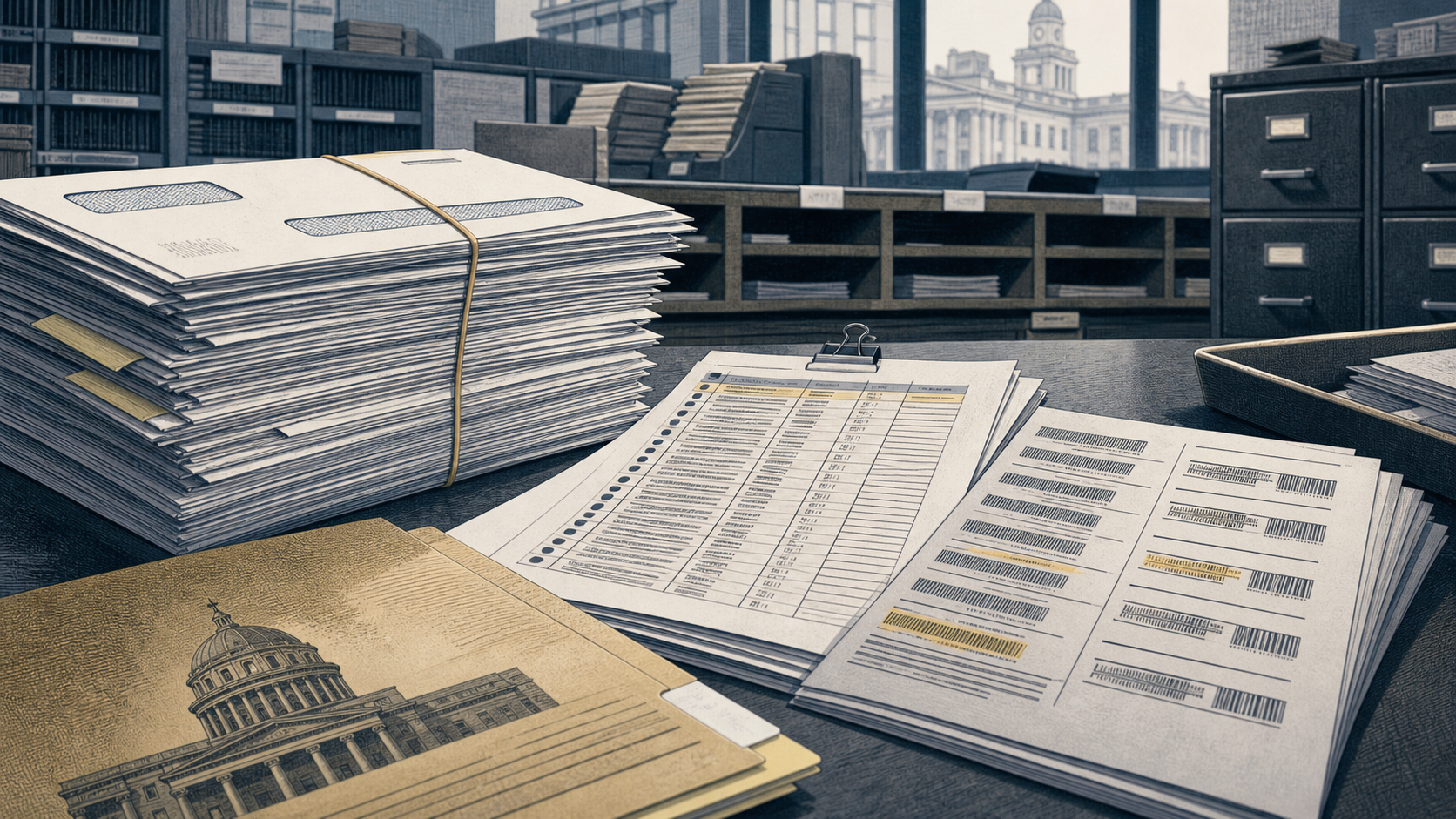 An editorial illustration of a county election mailroom with ballot envelopes, a federal citizenship list, postal barcodes, and a courthouse file under cool overhead light.