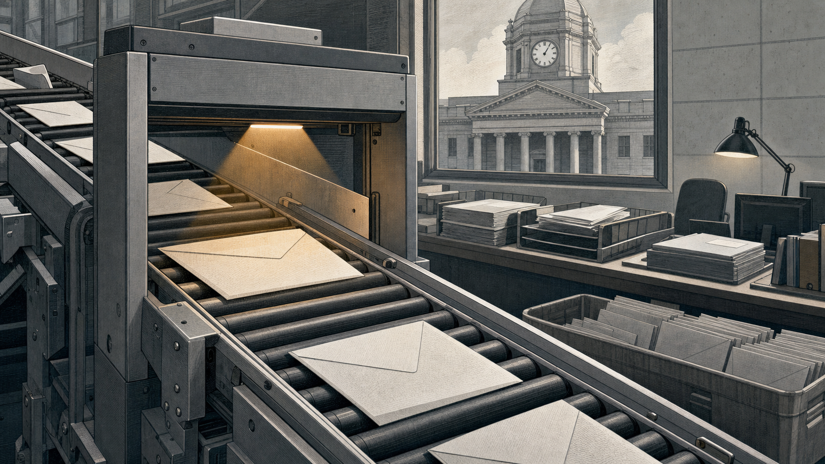An editorial illustration of ballot envelopes moving through a postal sorting machine while a courthouse clock and county clerk desk sit in the background.