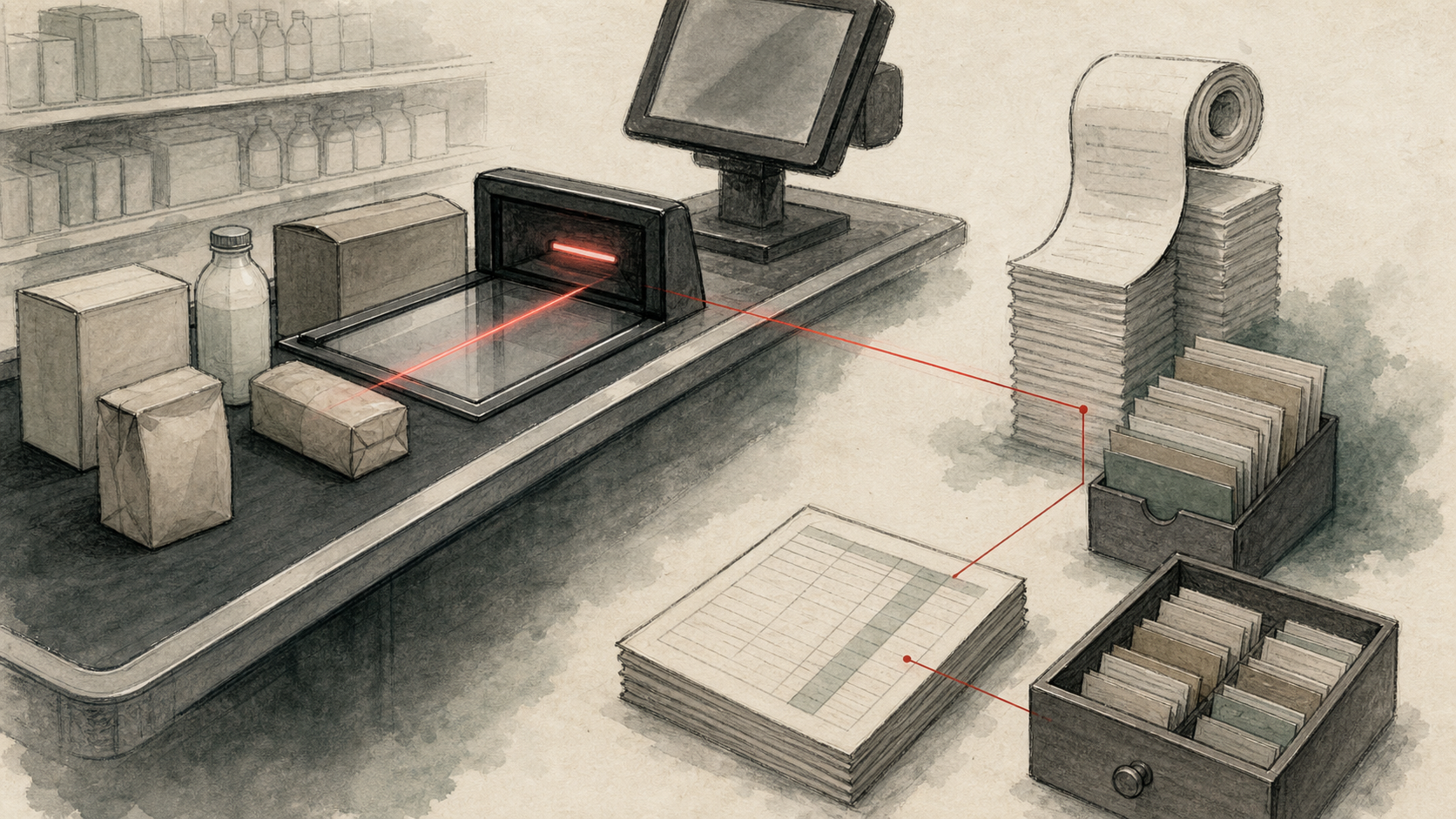 A grocery checkout lane seen as a quiet ledger, with a scanner light linking packages to stacked receipt paper and inventory cards.