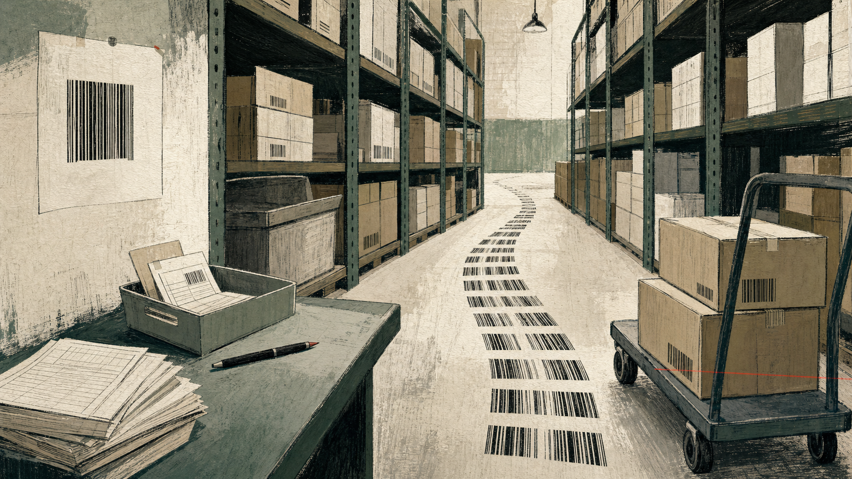 A warehouse aisle where simple black product codes become a shared path through shelves, carts, cases, and reorder slips.