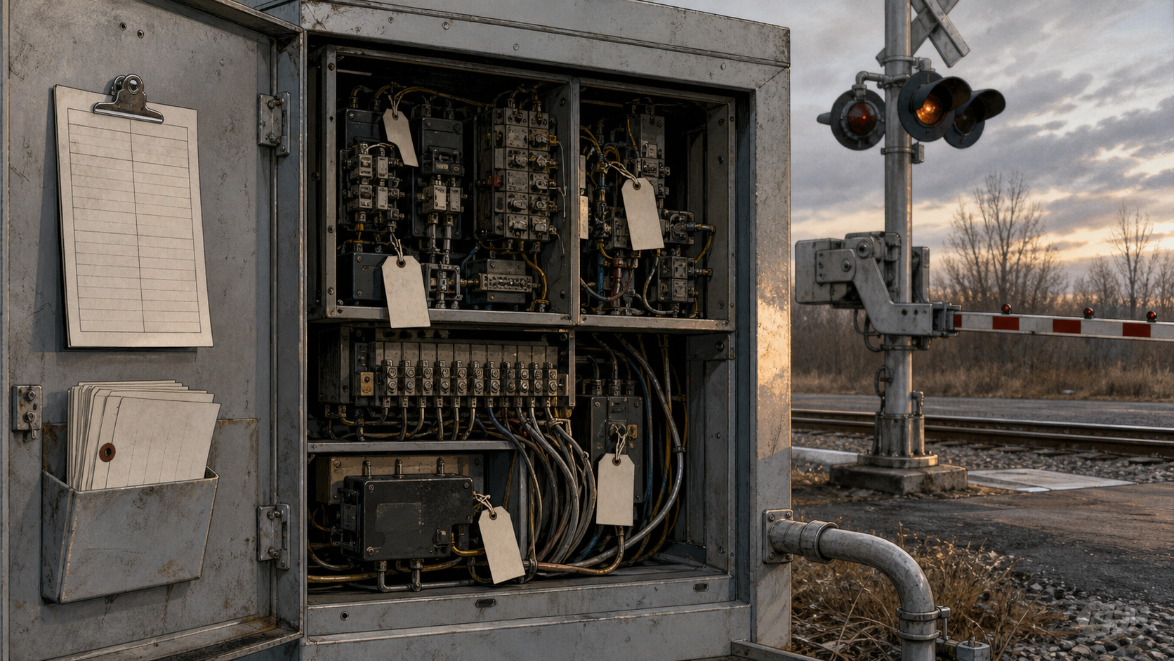 Editorial illustration of a signal cabinet opened beside a crossing, showing wires, inspection tags, warning lights, and a small federal inventory card.
