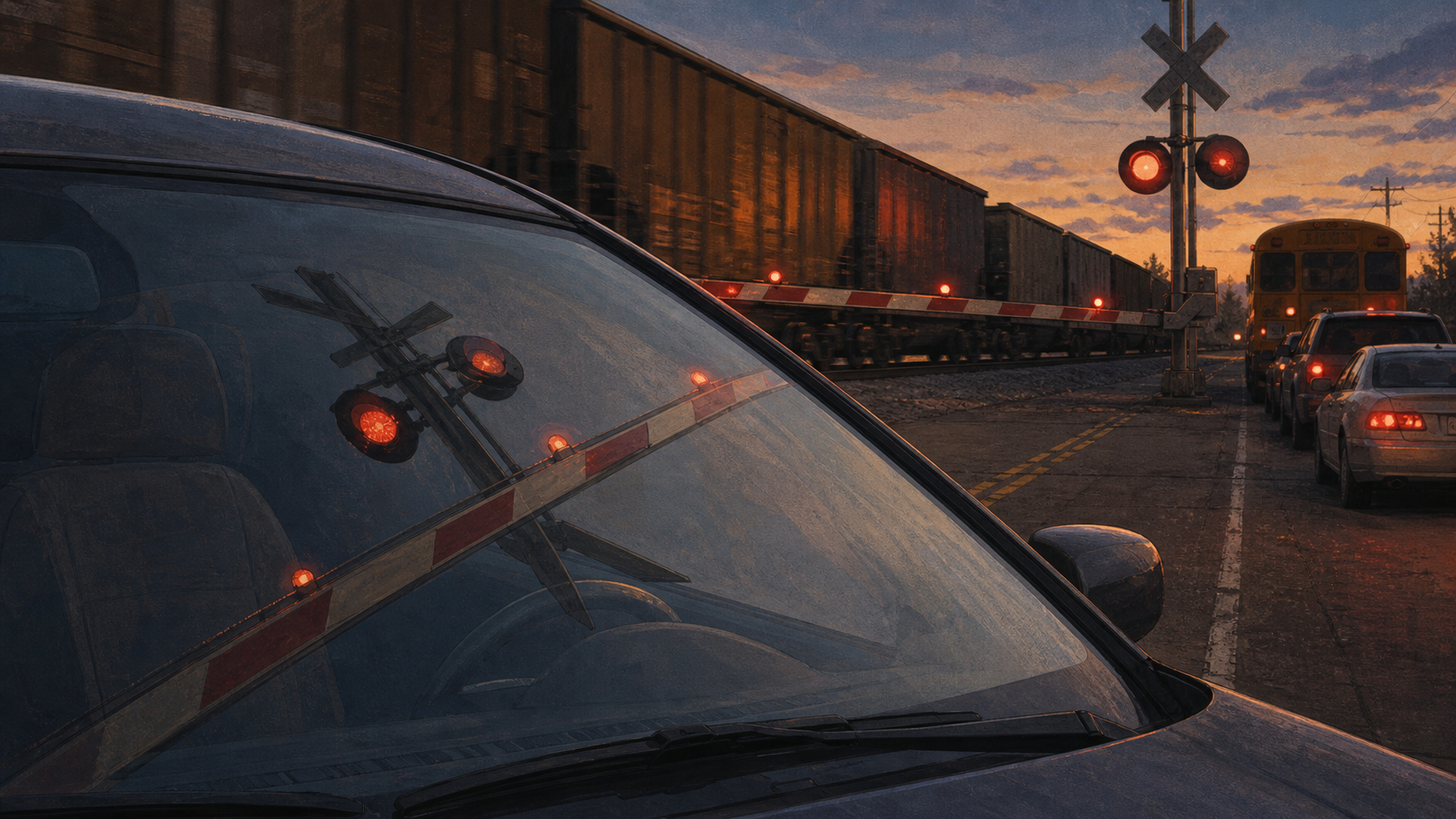 Editorial illustration of a lowered crossing gate reflected in a windshield, with stopped cars, a school bus silhouette, and a freight train passing through yellow warning light.
