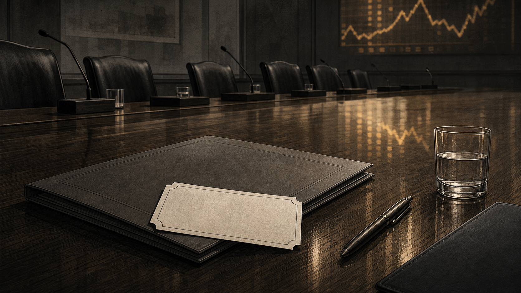 Editorial illustration of a prediction-market ticket resting on a closed briefing folder at a long Senate table, with a dim trading board reflected in polished wood.