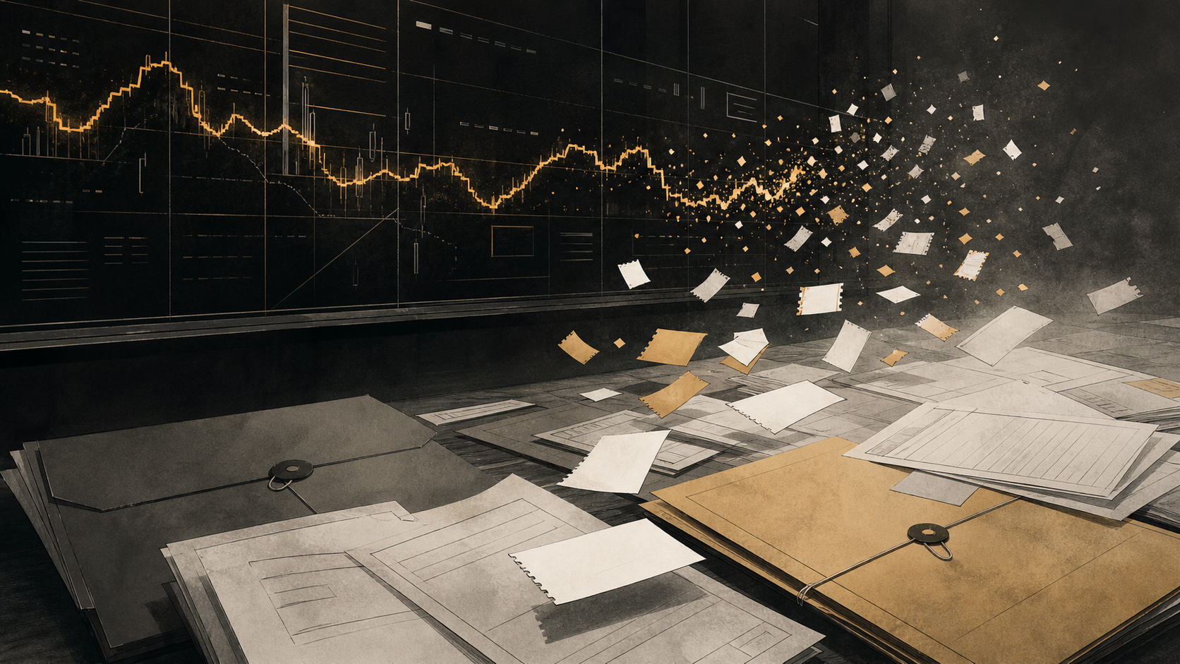 Editorial illustration of a glowing event-contract board dissolving into scattered yes-or-no tickets, government folders, and market price lines without readable text.