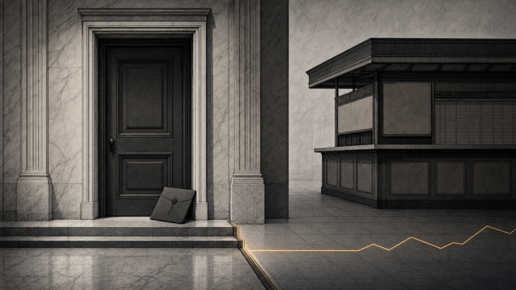 Editorial illustration of a closed briefing-room door beside an empty market kiosk, with a single lighted price line stopping at the threshold.