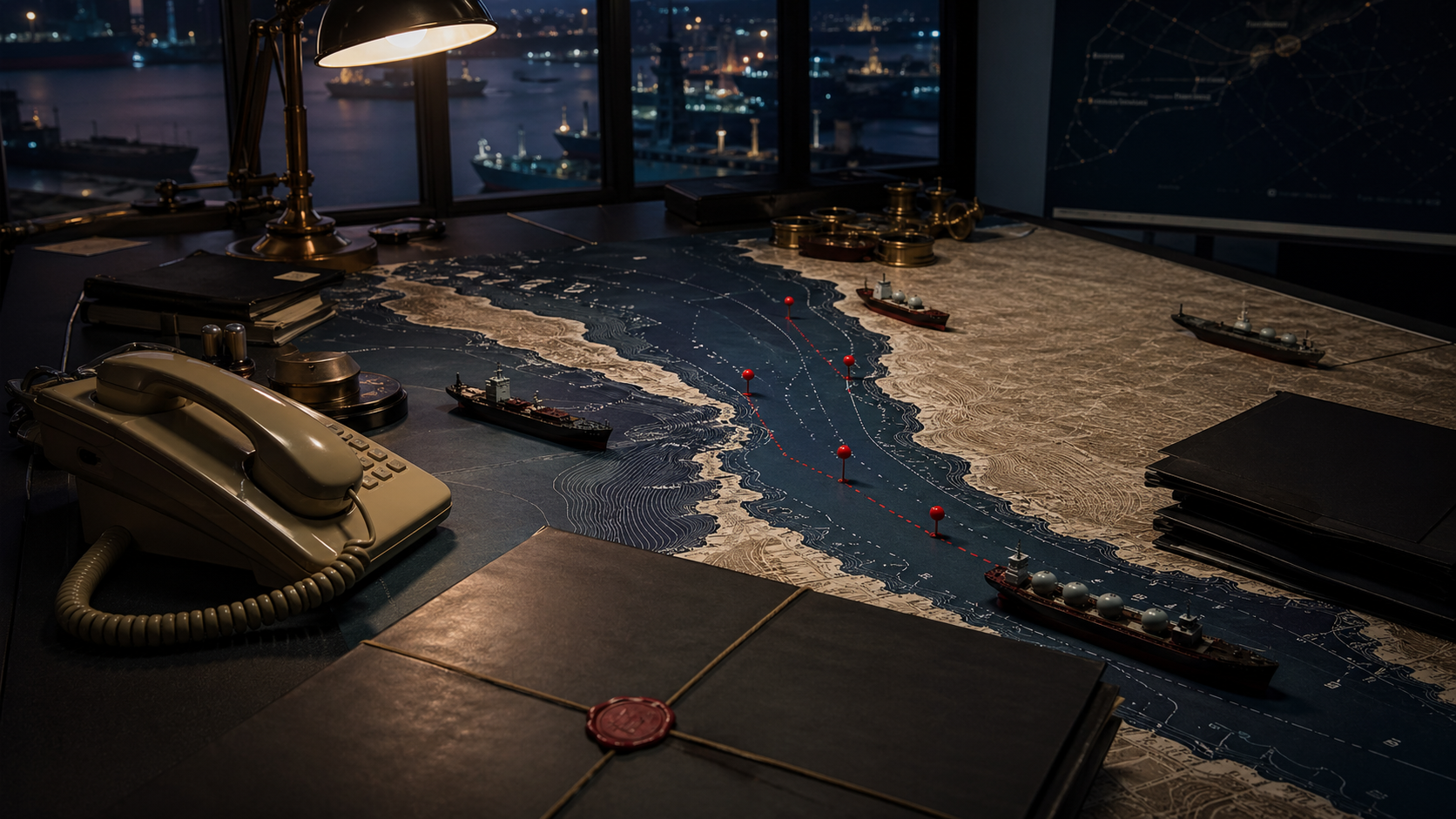 A beige telephone sits beside a nautical chart of a narrow strait, with model tankers, blank sanctions folders, and red route pins under low desk light.