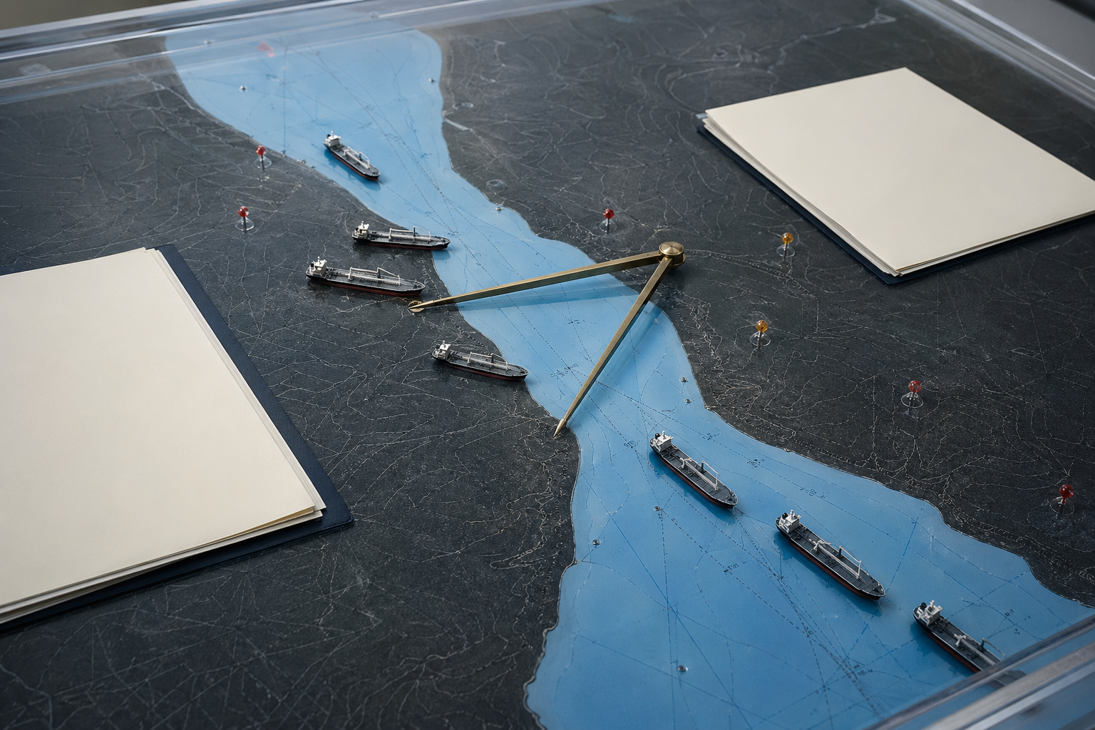 Small unbranded tankers wait on both sides of a narrow blue channel on a maritime chart, with blank diplomatic folders at opposite ends of the table.