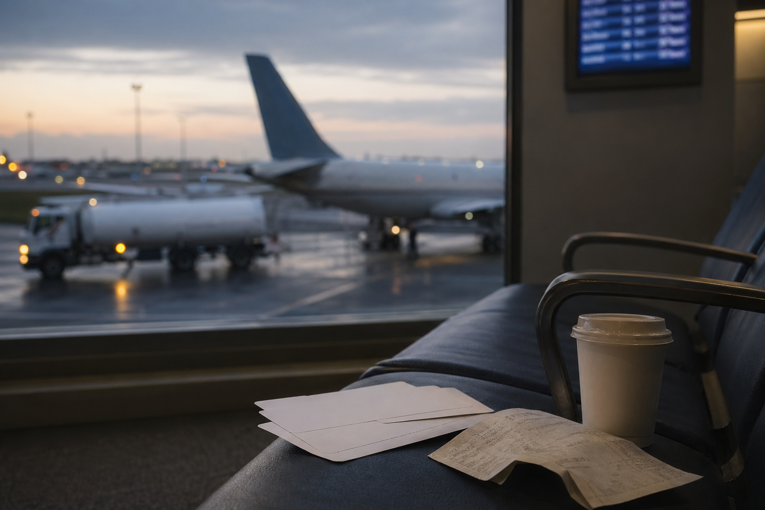 Blank boarding passes, a coffee cup, and a folded receipt rest on empty airport gate seats while a logo-free plane and distant fuel truck sit outside before dawn.