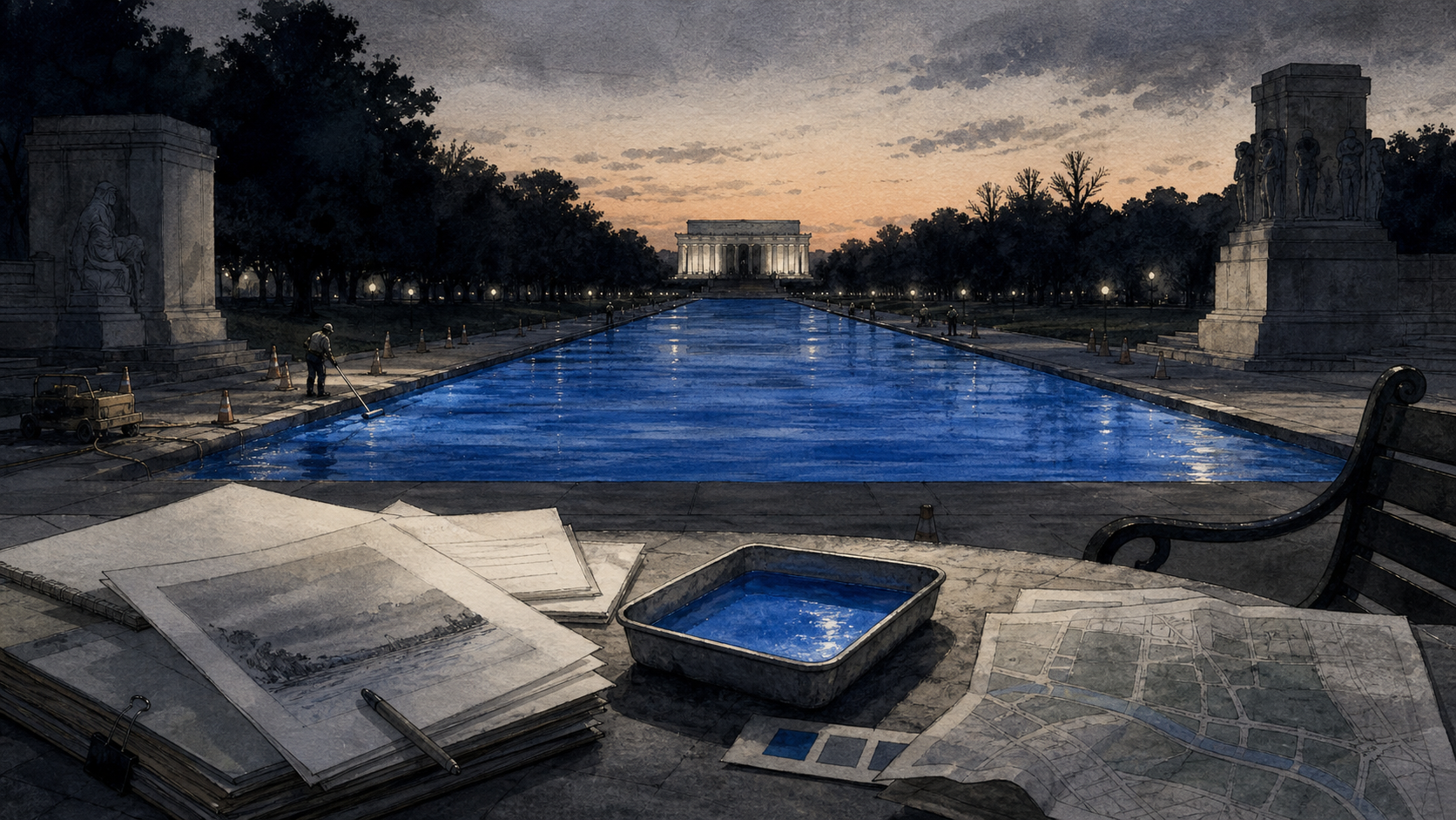 Editorial illustration of the Lincoln Memorial Reflecting Pool transformed into a blue civic worksite, with review papers, park maps, and public benches around it.