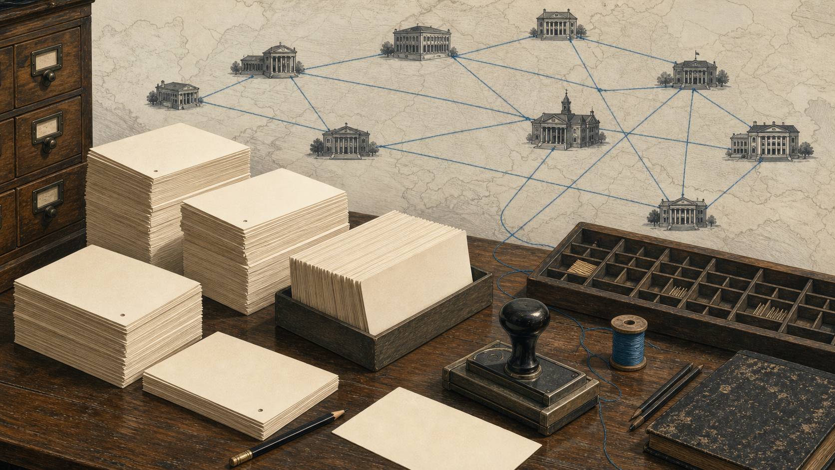 A cataloging desk with printed cards, type trays, pencils, stamps, and a map of small libraries connected by thin lines.