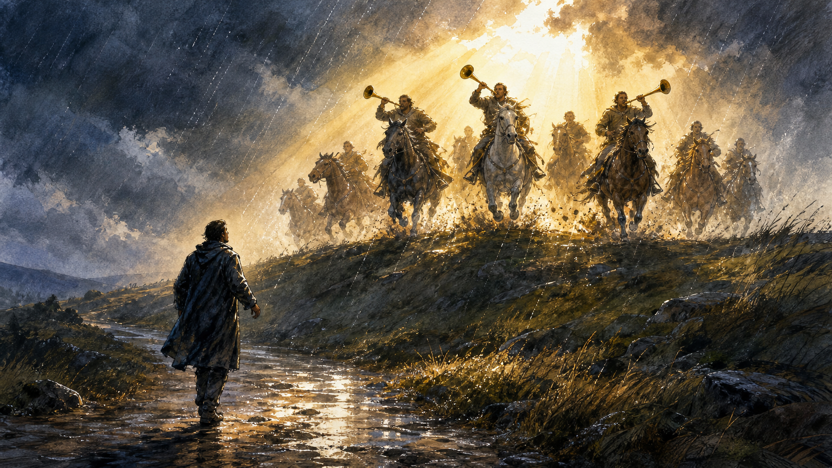 A lone anonymous walker looks up from a rain-dark road as mounted trumpeters charge over a hill and golden light pours through the clouds to reach them both.