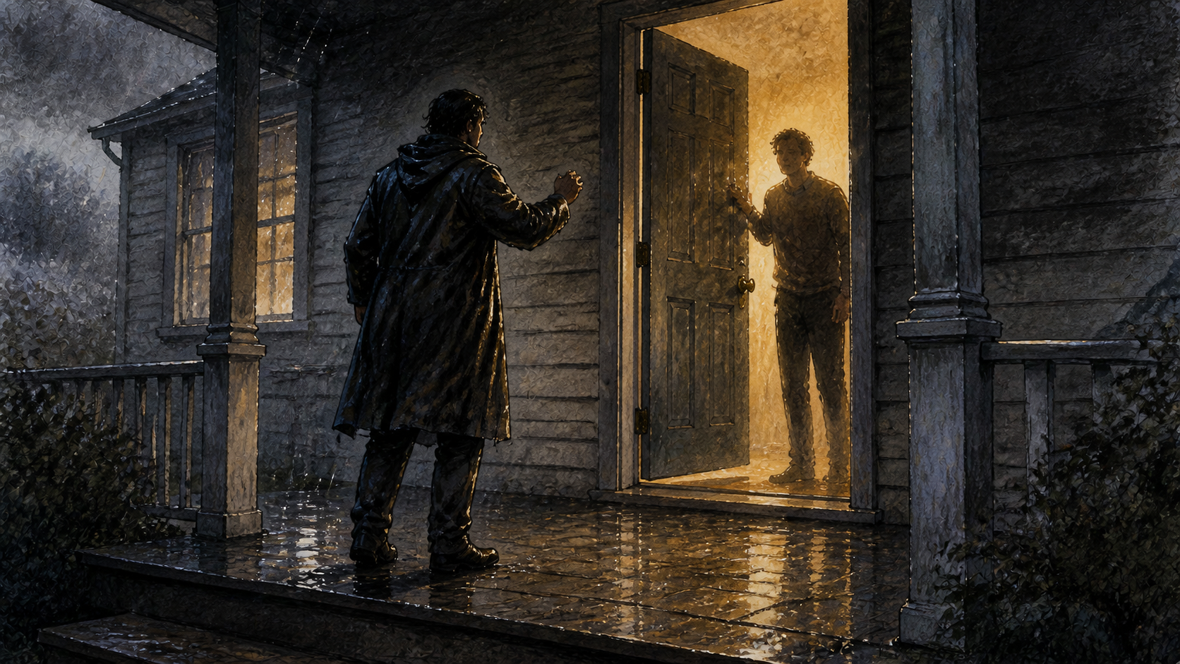 A rain-soaked anonymous walker raises a hand just short of a front door as it opens from inside and another anonymous person waits in warm light.