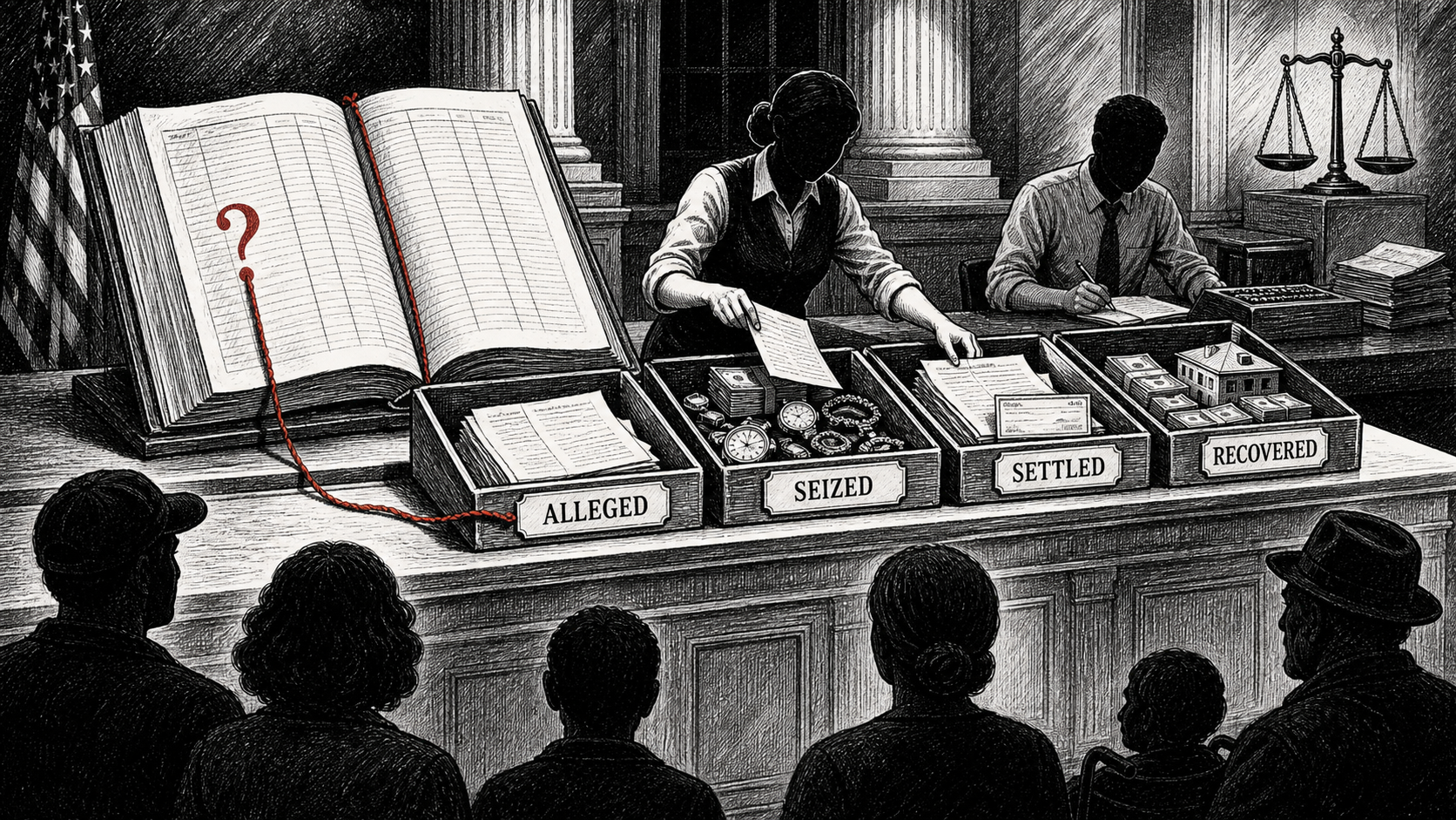 A courthouse records counter holds an oversized ledger and four labeled trays for alleged, seized, settled, and recovered money while anonymous figures sort papers under a red question mark thread.