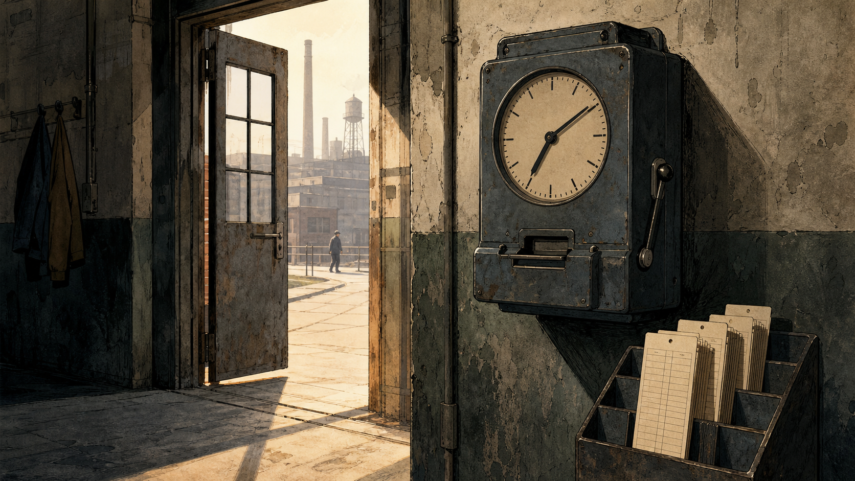 An editorial illustration of a mechanical time clock beside a factory doorway with blank punch cards in a rack.
