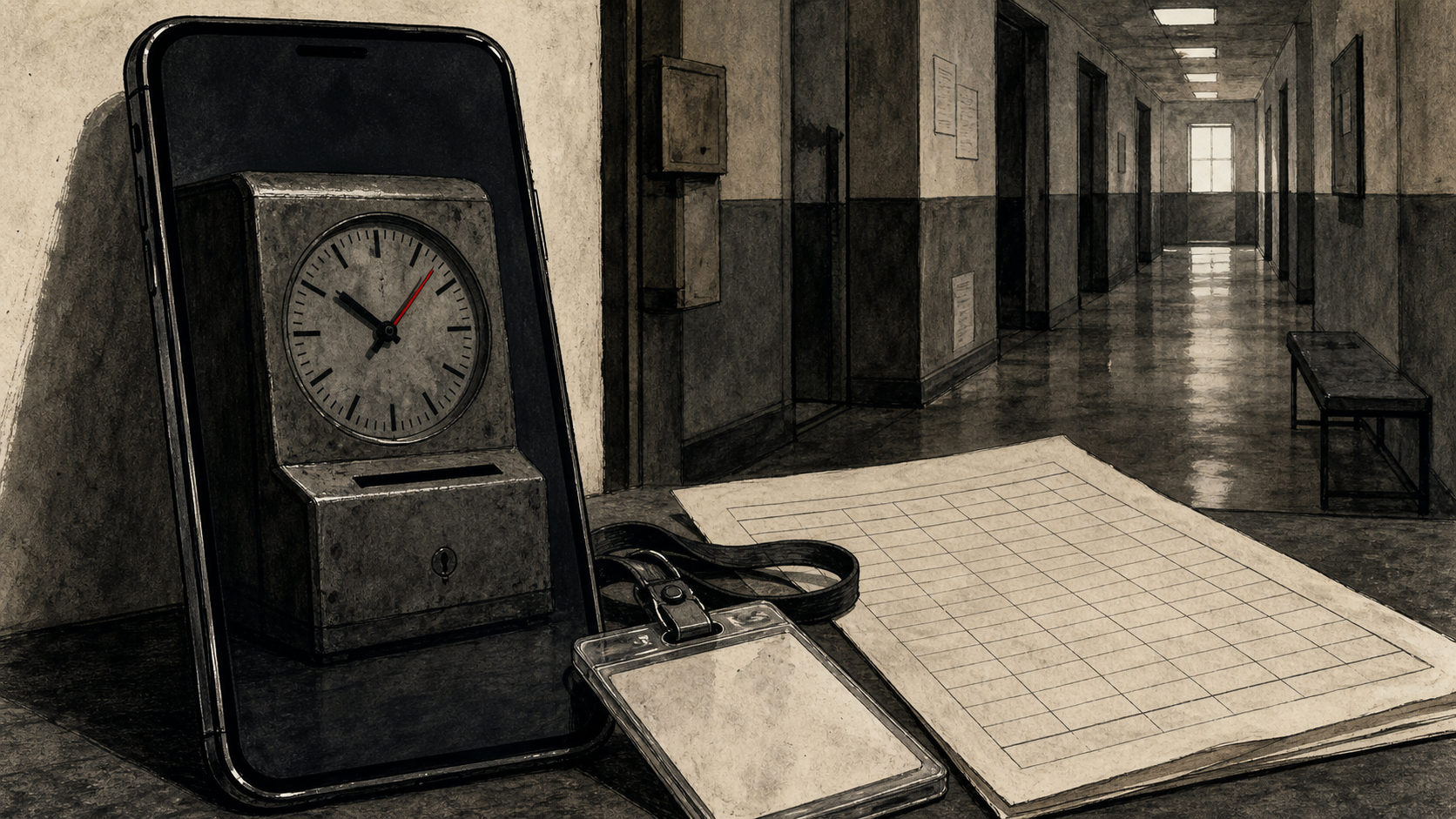 An editorial illustration of an old time clock reflected in a modern phone timekeeping app, with a worker badge and payroll sheet nearby and no readable text.