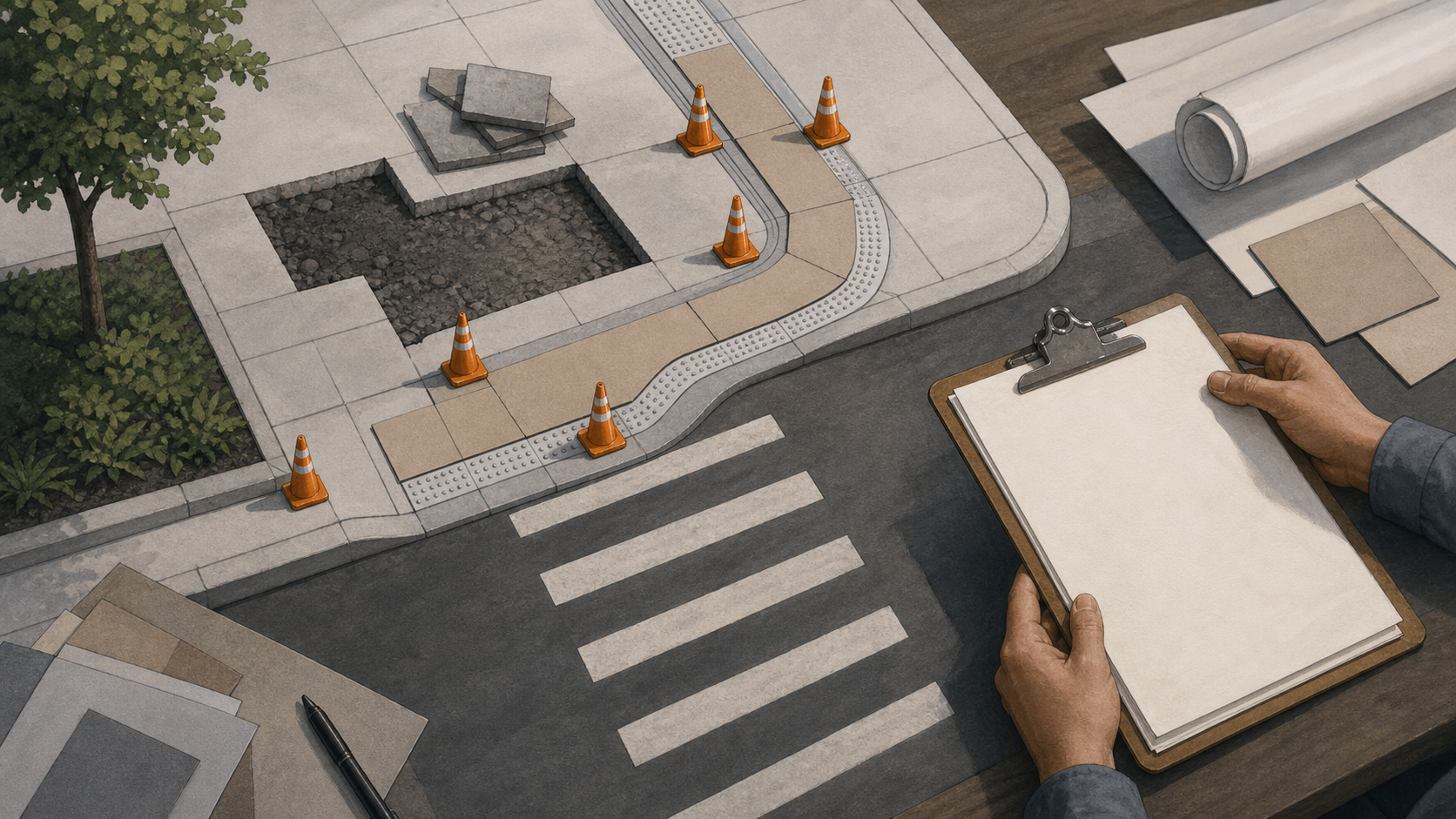 A tabletop plan of a temporary street route, with miniature cones, a sidewalk detour, a cane-detectable edge, a utility cut, and a worker clipboard.