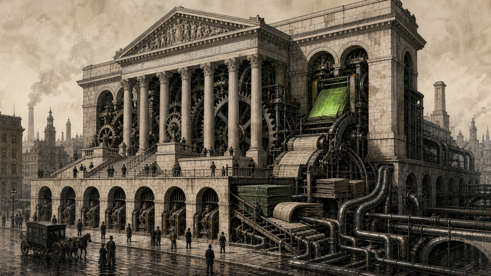 Editorial illustration of Tweed Courthouse as a marble municipal machine turning public bills into ward favors.