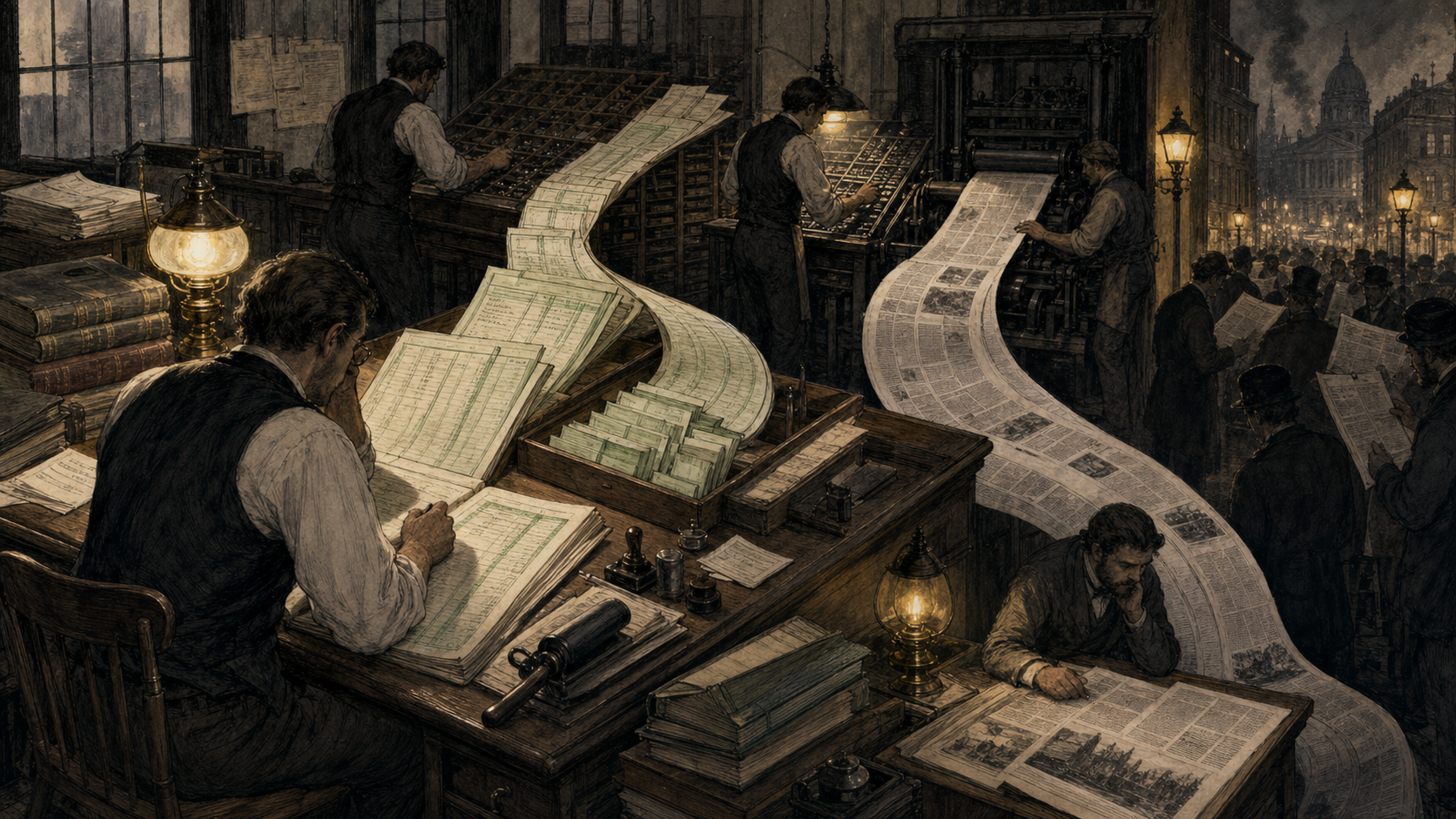 Editorial illustration of a newspaper workroom turning exposed municipal ledgers into public scandal.