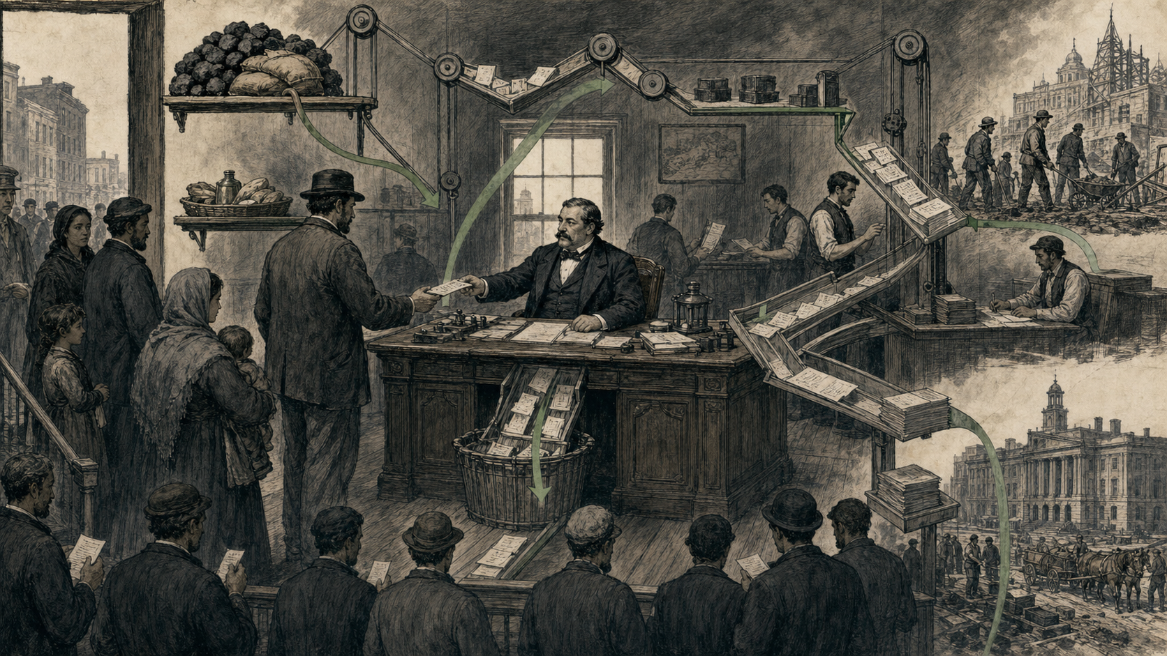 Editorial illustration of Tammany ward politics as a handoff of aid, ballots, contracts, and obligation.