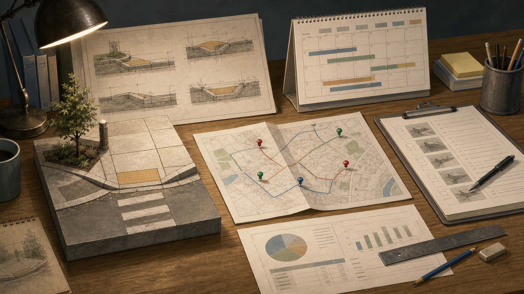 Editorial illustration of a municipal work table with a curb ramp plan, ADA transition map, paving calendar, and small concrete corner model under a desk lamp.