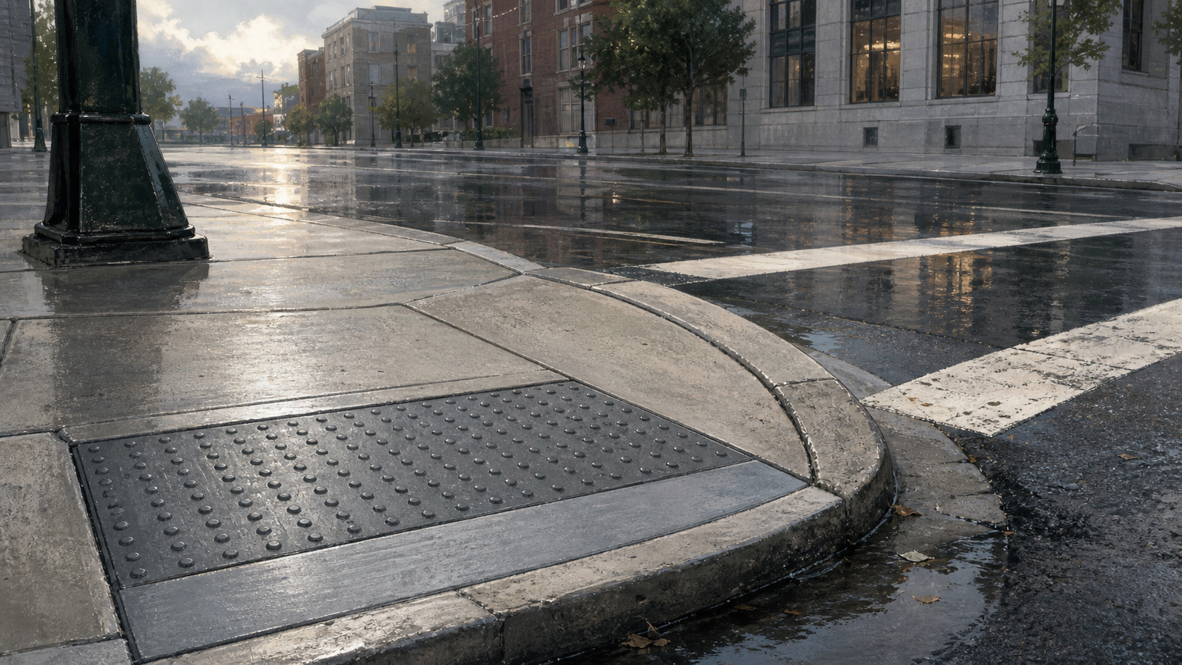 Editorial illustration of a quiet sidewalk corner after rain, with tactile domes, a clear crosswalk, repaired concrete seams, and a faint reflection of city buildings.