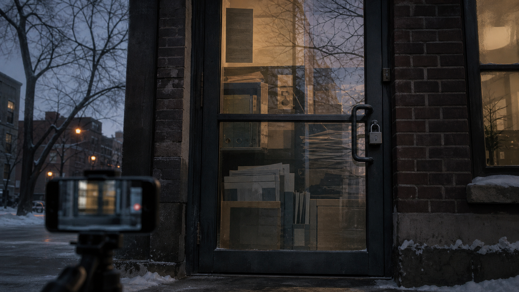 A winter child-care entrance reflected in a camera lens, with public records and court files visible through the glass.