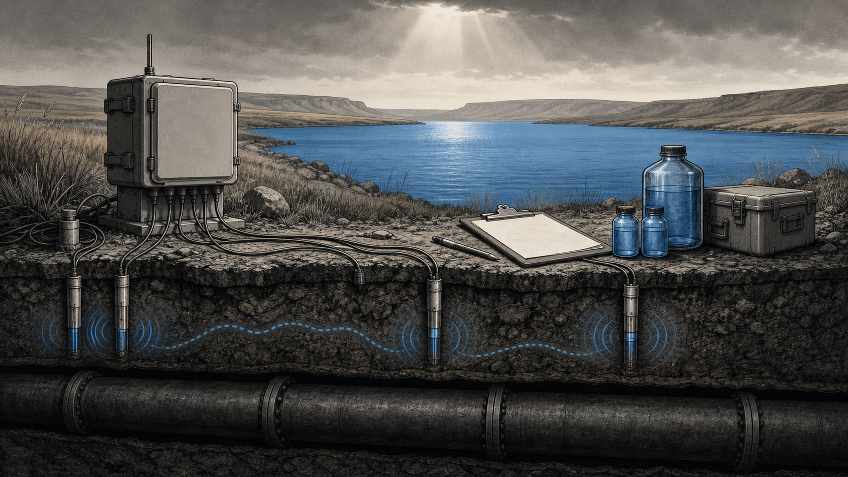 Editorial illustration of Lake Oahe monitoring equipment, groundwater wells, sensor cables, water containers, and a dark pipeline shadow below the shoreline, all tied together by controlled blue signal light.