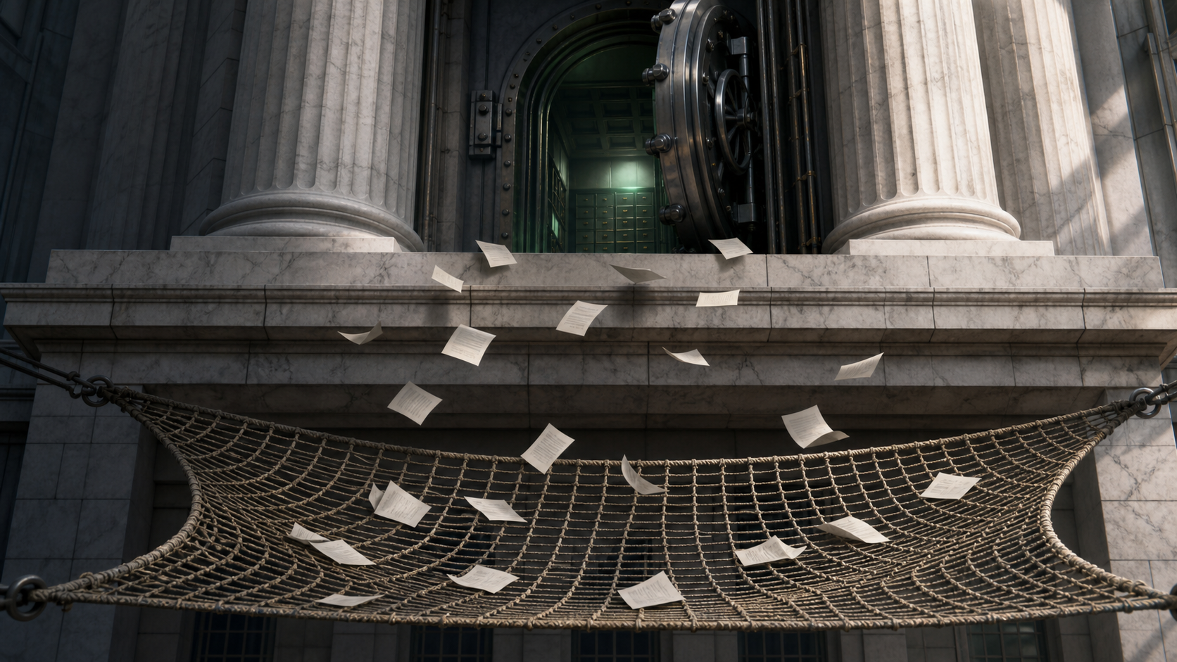 An editorial illustration of a public safety net stretched beneath a marble bank facade while warning slips fall toward it.