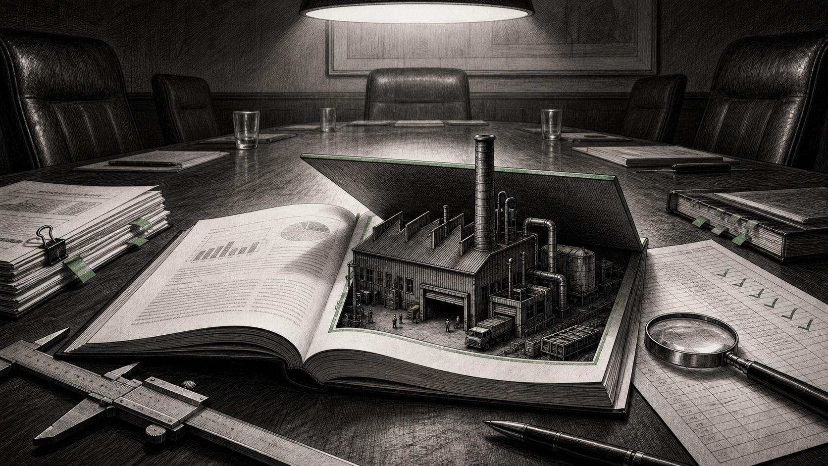 Editorial illustration of a factory silhouette rising out of an annual-report footnote, with audit marks, carbon ledgers, and a quiet boardroom table.