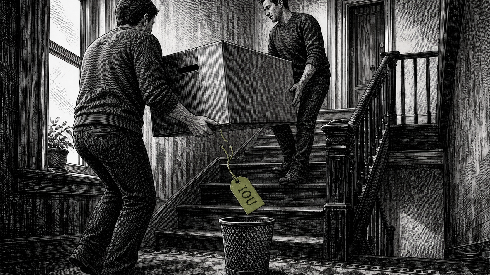 Editorial cartoon showing two anonymous adults facing one another while carrying a large box on an apartment stairwell as a torn olive IOU tag falls toward a bin.