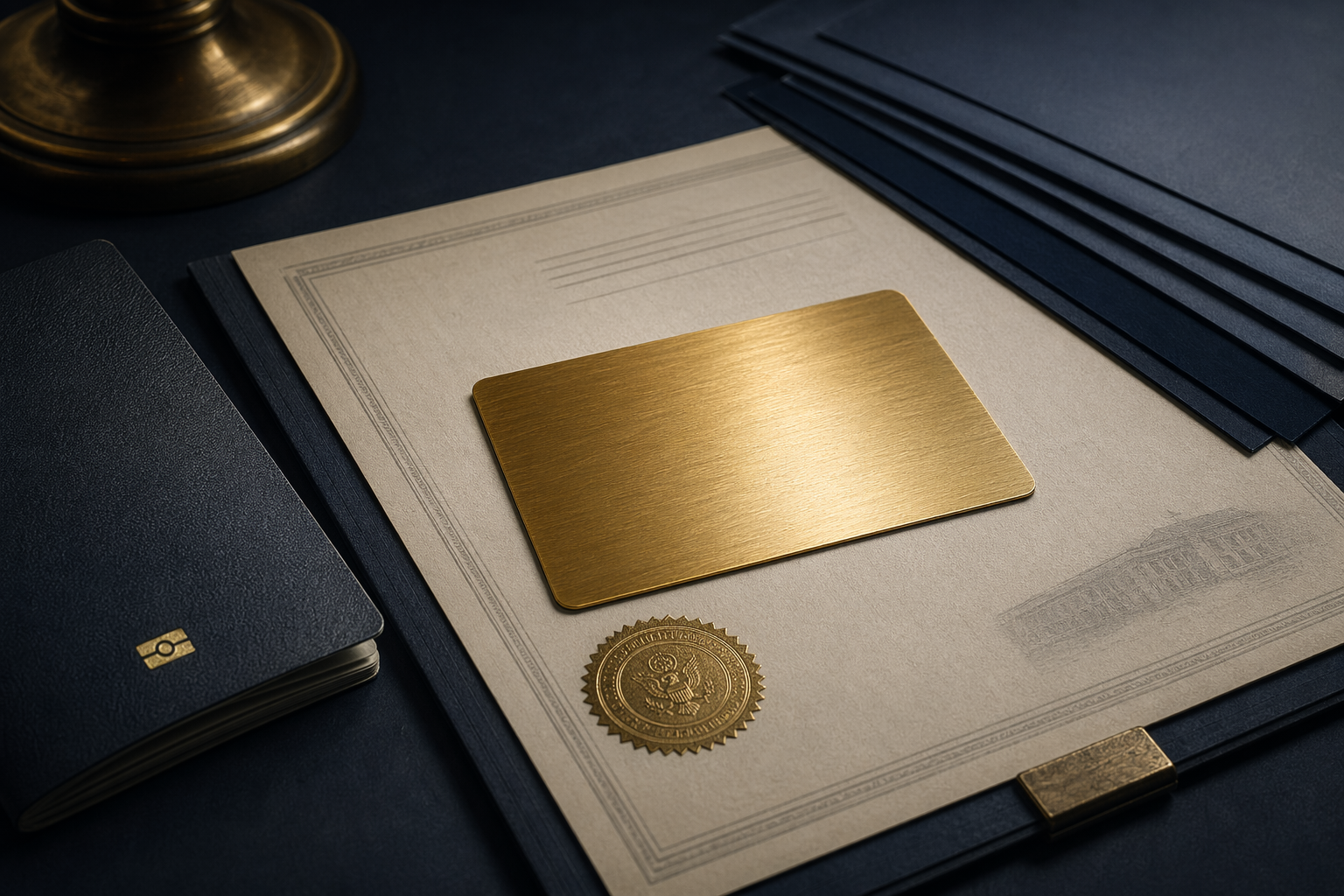 A gleaming gold residency card resting on blue immigration files beside a passport and seal-stamped paperwork.