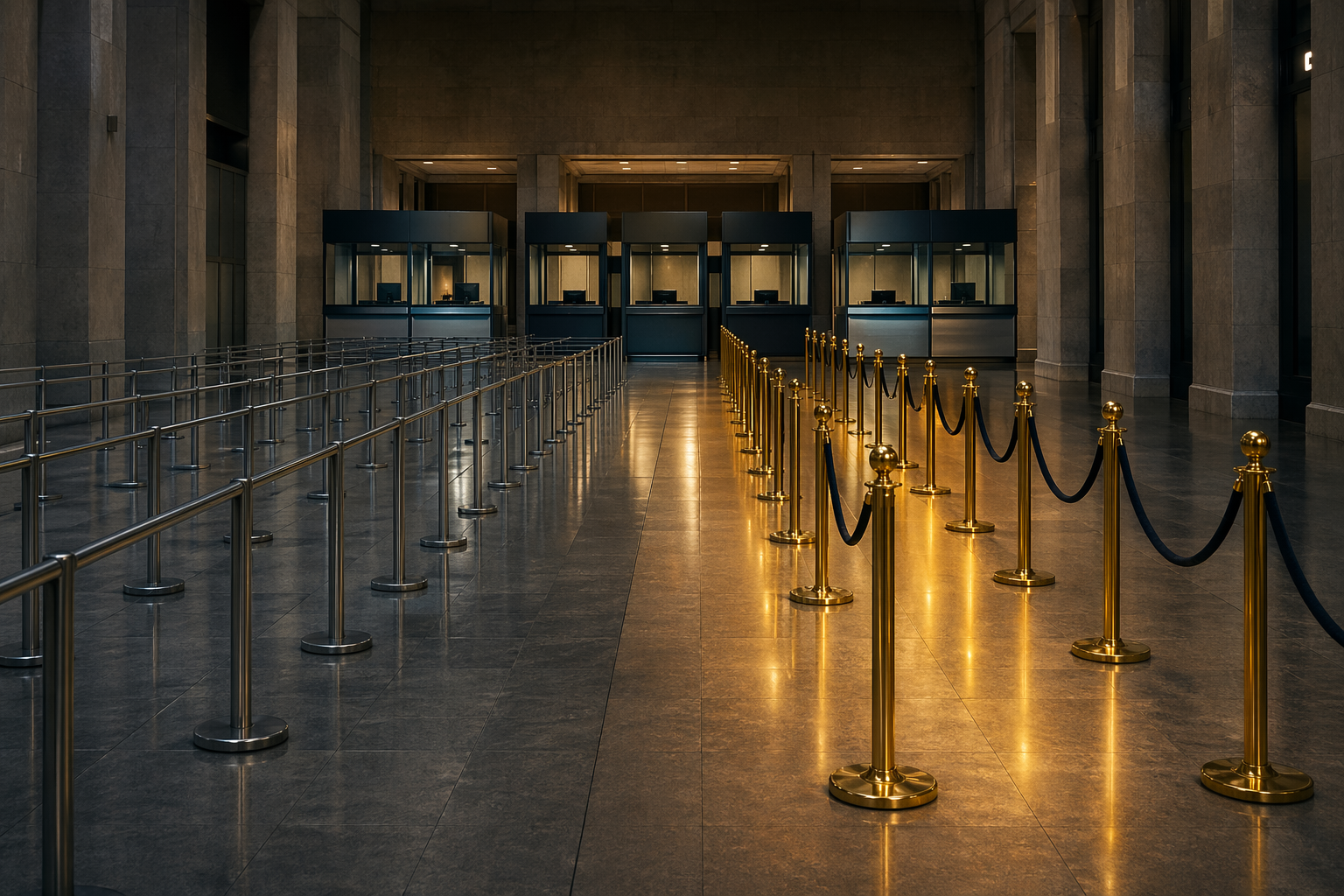 An immigration hall with brass stanchions and a distinct premium lane leading toward passport control.