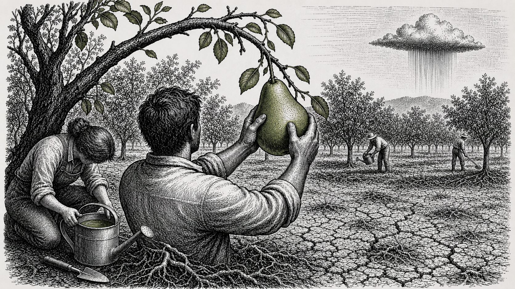 Editorial cartoon showing an anonymous gardener clutching a green pear on a bending orchard branch while a helper holds a watering can beside dry roots and other workers tend trees beneath a rain cloud.