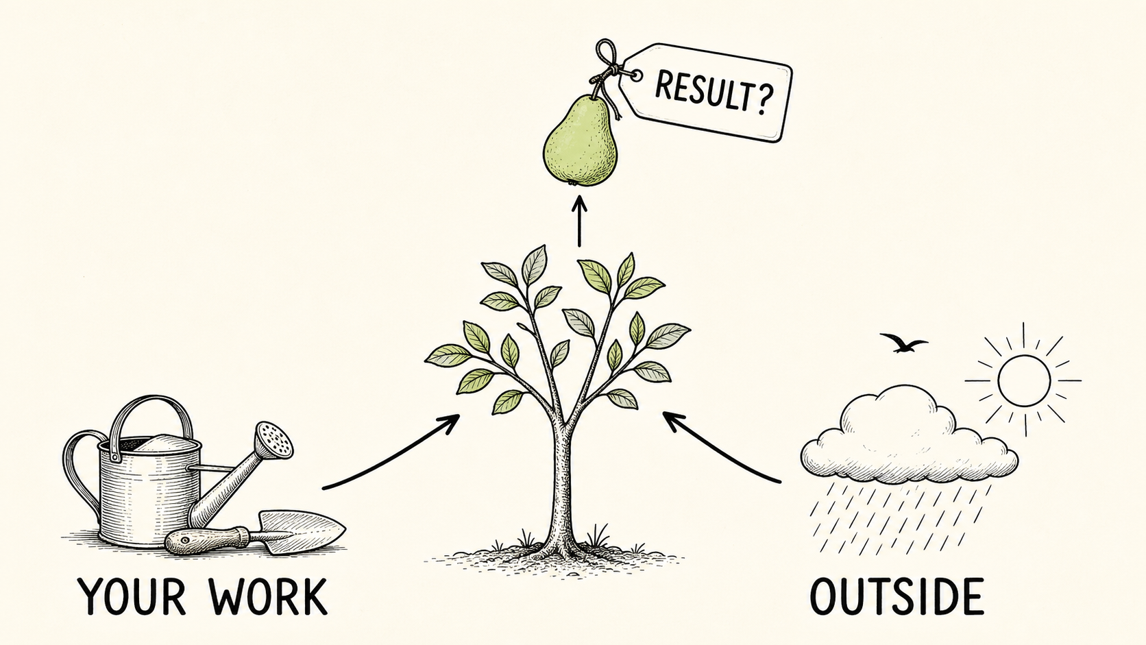 Infographic showing your work and outside conditions leading to an uncertain result.