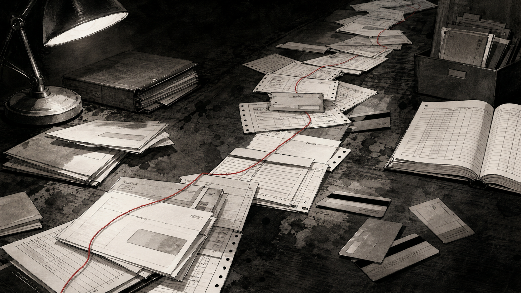 Editorial illustration of fictitious business forms, ACH descriptors, pay cards, and bank-account ledgers arranged as a paper trail.