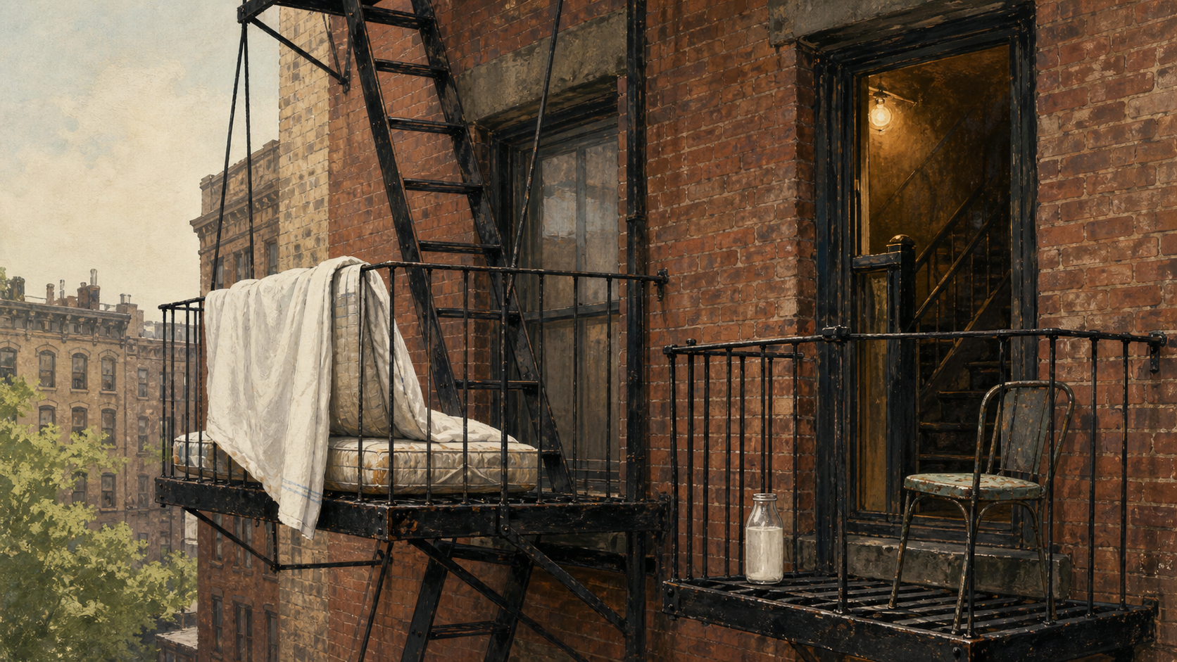 Editorial illustration of a tenement fire escape seen close up, with bedding on one landing, a milk bottle on another, and a smoke-dark stairwell visible through an open window.